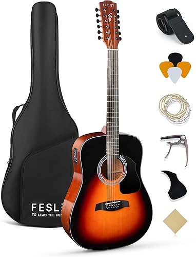 Vista 9 de Fesley Guitarra de 12 cuerdas: Guitarras eléctricas acústicas de tamaño completo de 42 pulgadas para adultos principiantes, guitarra acustica