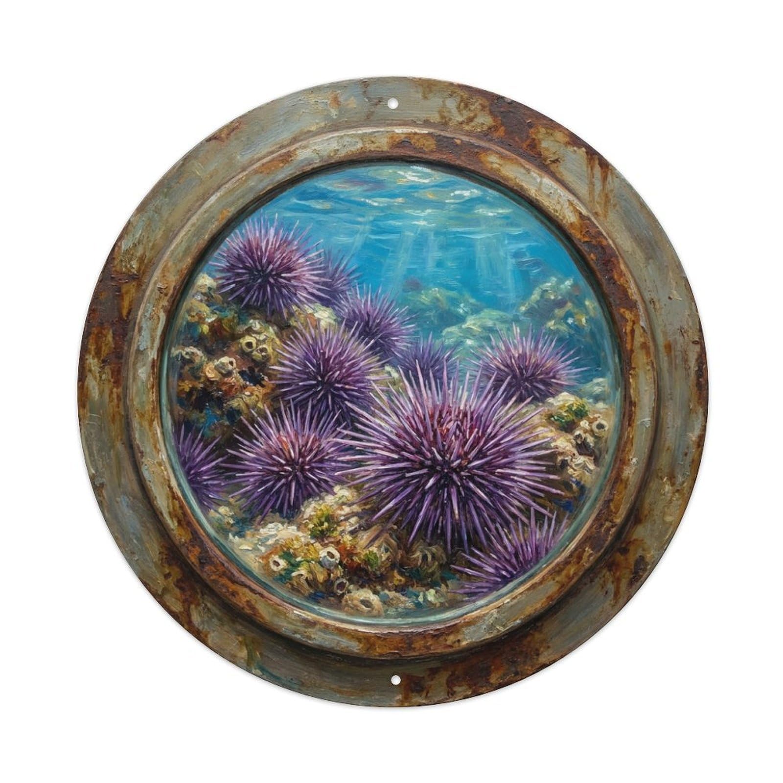 Metal Tin Sign Vintage Porthole Sea Urchin Ship Window Undersea Deep Sea
