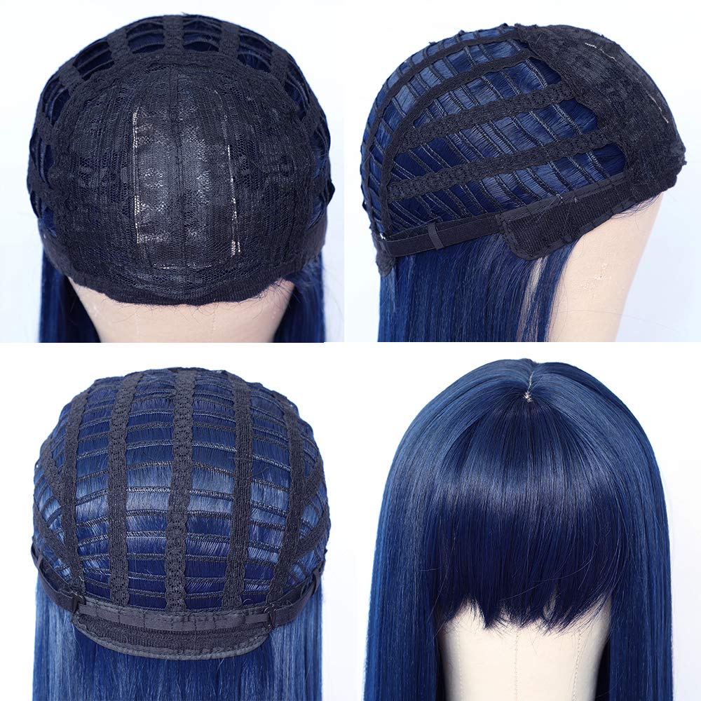 Synthetic Replacement Hair Wig With Bangs Blue Color Heat Resistant No Lace Wigs for Fashion Women