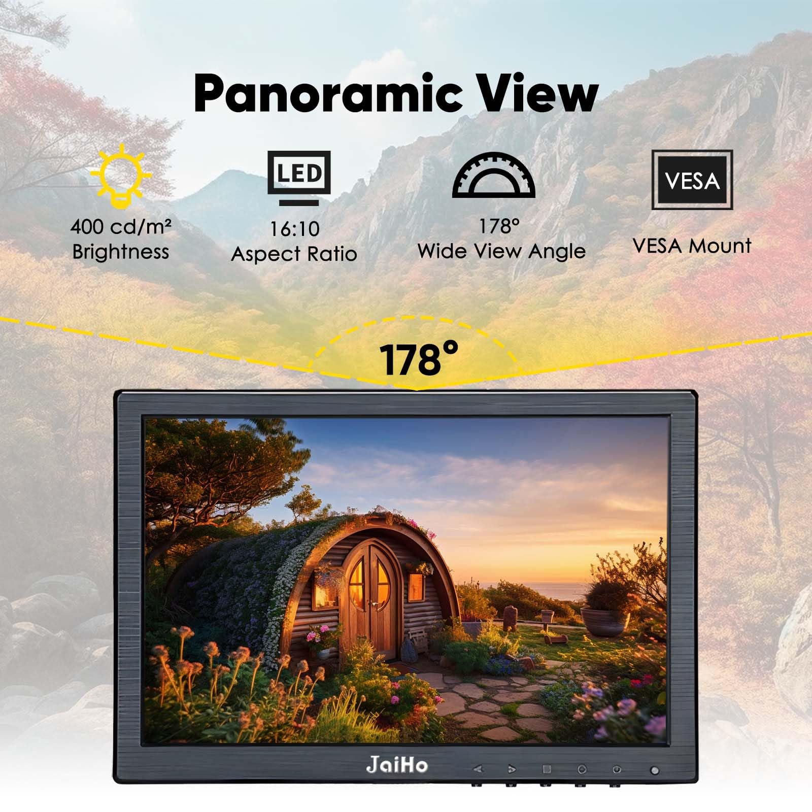JaiHo Wyświetlacz 10,1 cala IPS kąt widzenia 180 stopni, 1920 x 1200 Full HD mini monitor PC HDMI VGA 16:10 przenośny drugi monitor do laptopa Raspberry Pi, mały ekran LCD samochód ciężarówka
