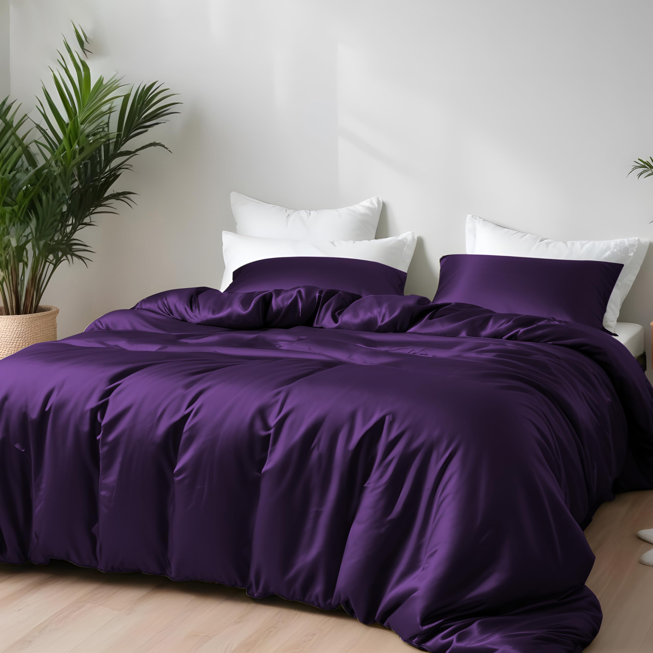 LINENWALAS Single Duvet Cover Set, 100% Bamboo Bedding, 140 x 200 CM Cooling Quilt Cover, Soft, Anti Allergy, Light Weight Comforter Cover with Zipper Closure (Single, Purple)