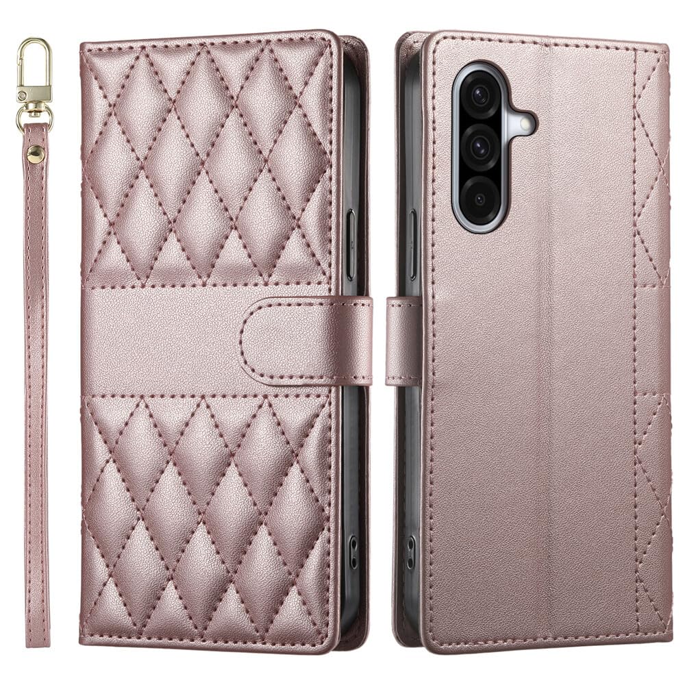 Coque Samsung Galaxy A56 5G or rose en cuir quadrillé premium