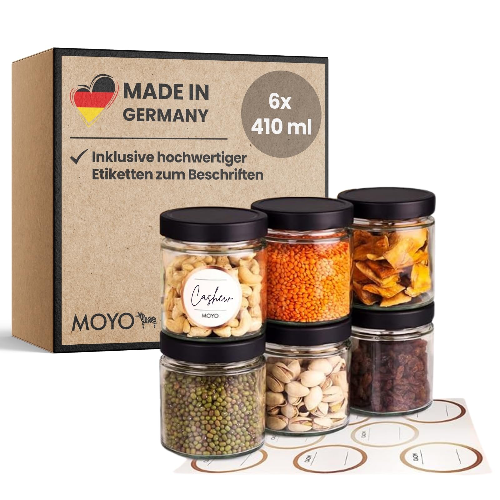 MOYO Vorratsgläser mit Deckel I 6er Set á 410ml I hochwertige Frischhaltedosen Glas I luftdichte Aufbewahrungsbox Küche I Vorratsdosen Set mit Etiketten I Vorratsdosen Glas mit Deckel in schwarz Küche