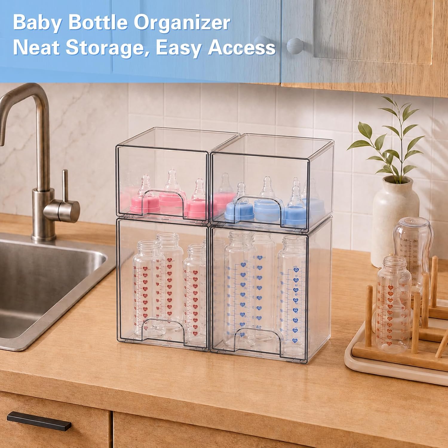 Baby Bottle Organizer, 4 Pack Clear Acrylic Stackable Storage Drawers, Baby Bottle Storage Organizer for Countertop, Nursery, Vanity & Cabinet