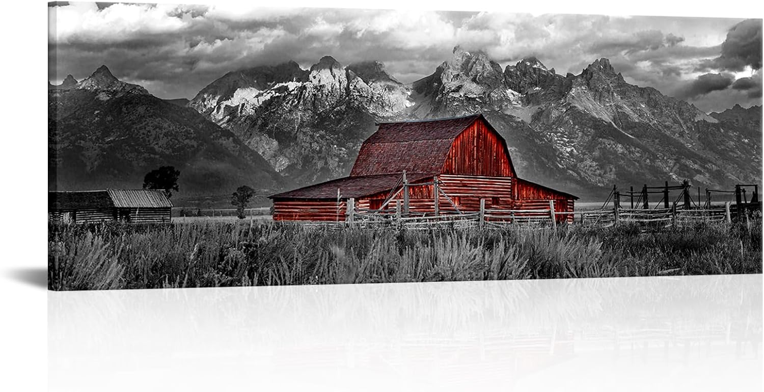 LyerArtork Farmhouse Barn Wall Art Canvas Prints Rustic National Park Black and Red Artwork Moulton Barn Grand Tetons Picture Country Wall Decor for Bedroom Bathroom Kitchen 20" x 55"