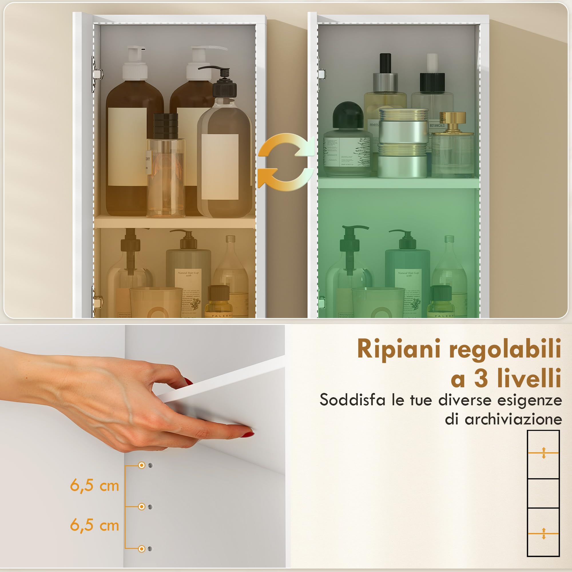 HOMCOM Colonna Bagno con 2 Armadietti e Ripiano Aperto, Mobile Bagno con Ripiani Regolabili su 3 Livelli per Soggiorno, 30x24x140 cm, Bianco e color Legno
