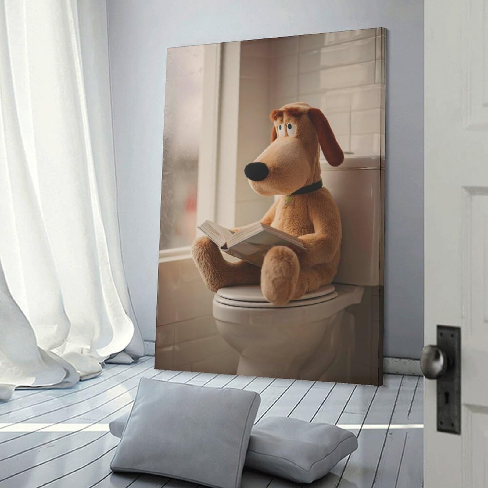 Junmoney Frame-Style-10 Wall Art Print Dog Plush Reading On Toilet, 12X18inch(30X45cm), For Home Lounge, Bedroom Or Reading Nook, Modern Wall Decor For Cosy Interiors