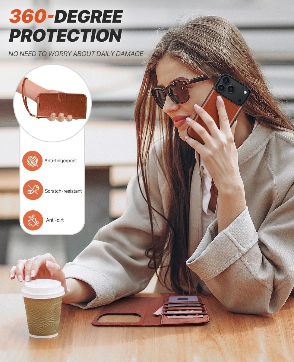 OCASE for iPhone 17 Pro Max Detachable Wallet Case with Card Holder, 2 in 1 PU Leather Flip Folio with RFID Blocking Stand Wrist Strap Shockproof Phone Cover 6.9 Inch 2025, Dark Brown