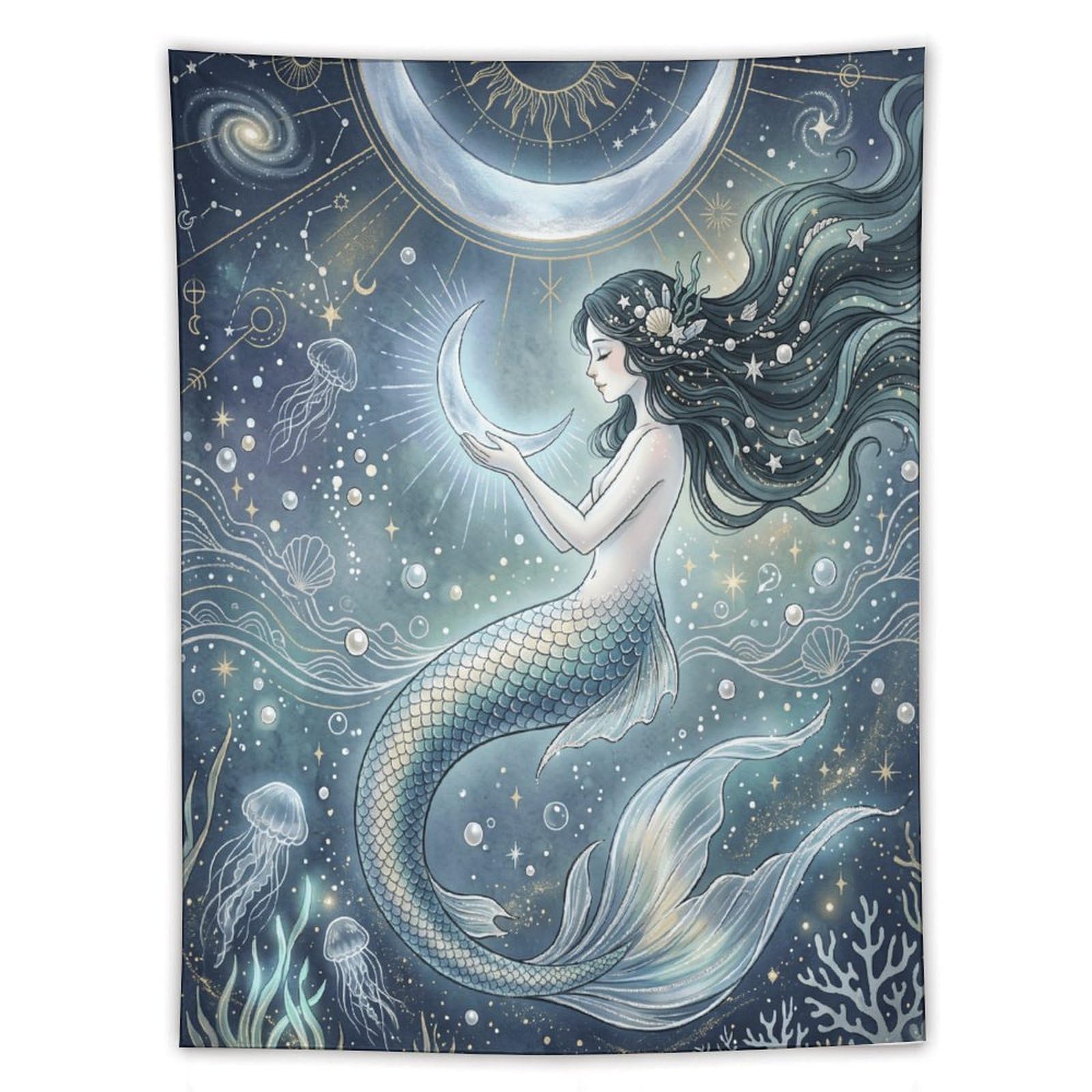 H3B8U2Y5 Moon Mermaid Coral Reef Wall Tapestry, Art Nouveau Fantasy
