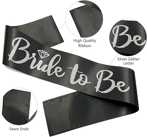 Miniatura 2 de Bride to Be - Banda de satén negro con letras plateadas con purpurina plateada, banda para despedida de soltera, boda, fiesta, recuerdos,