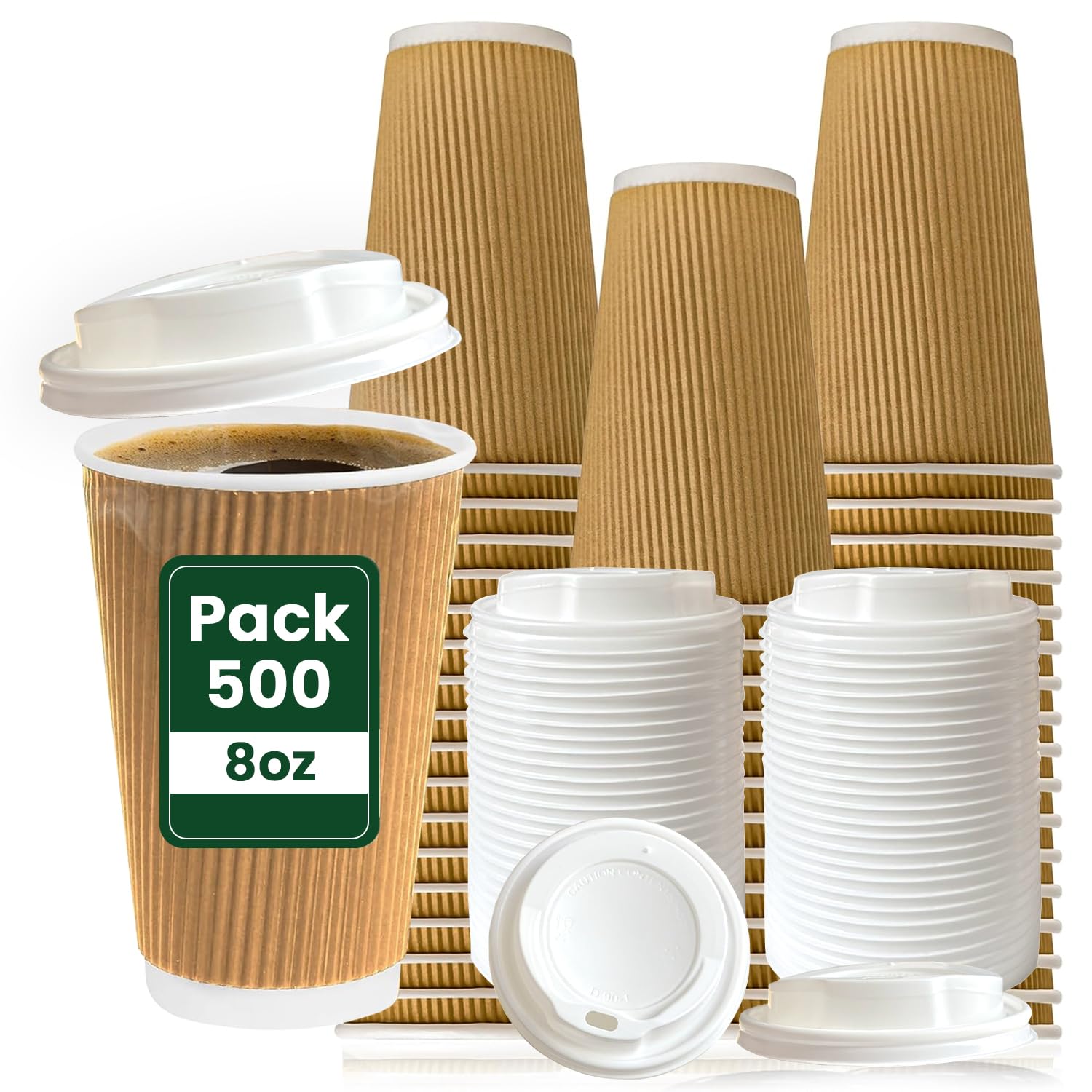 ECONX 500 Pack 8oz Takeaway Coffee Cups with Lids Triple Walled Ripple Disposable Coffee Cups Insulated Brown for Hot and Cold Drinks Coffee Paper Cups for Coffee Tea