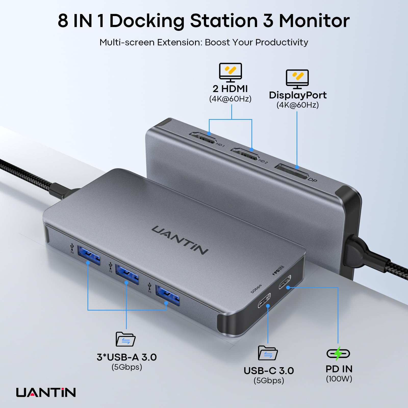 UANTIN Adaptador USB C a HDMI dual 8 en 1 con puerto HDMI dual