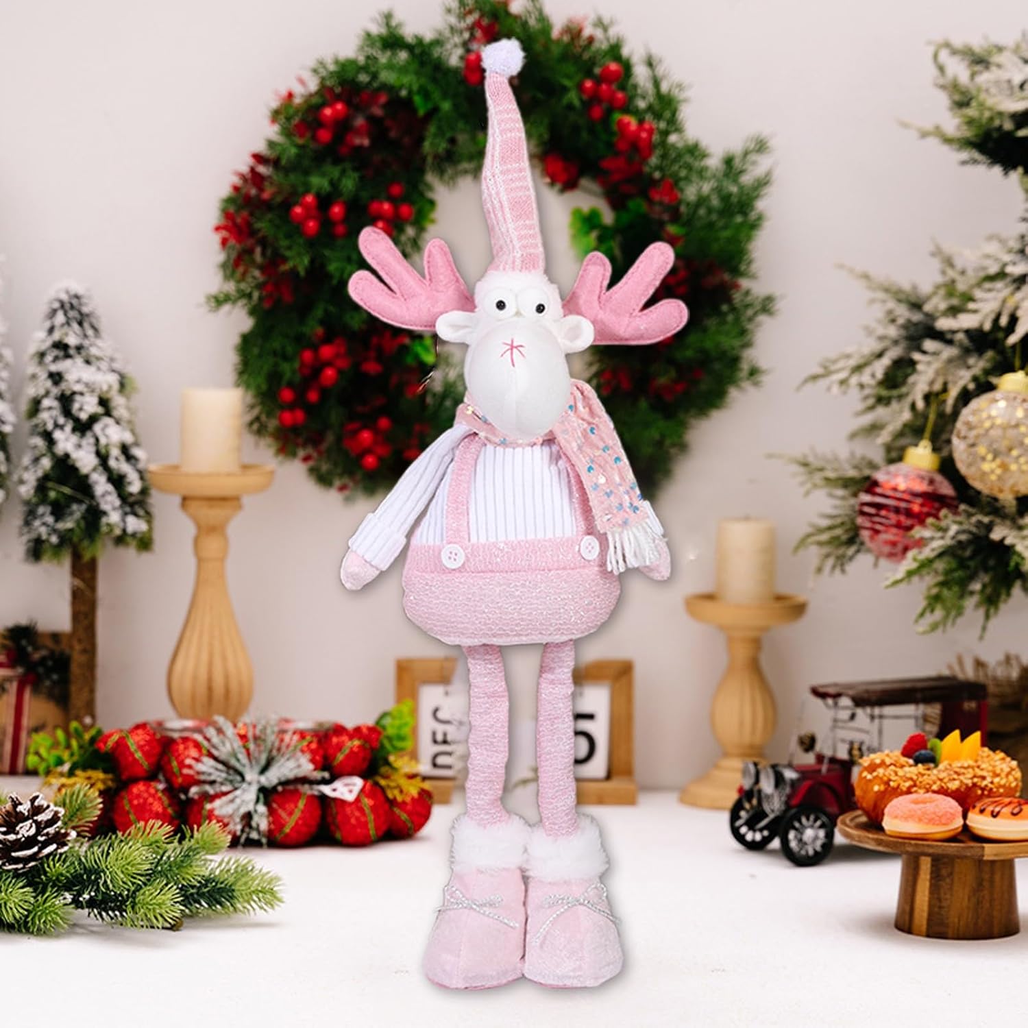 Pink Stractable Christmas Figurine 21.6inch Large Size Plush Santa Claus Snowman Reindeer Decorations with Extendable Legs Classic Xmas Characters Standing Figure for Home Table Shelf Fireplace (B)