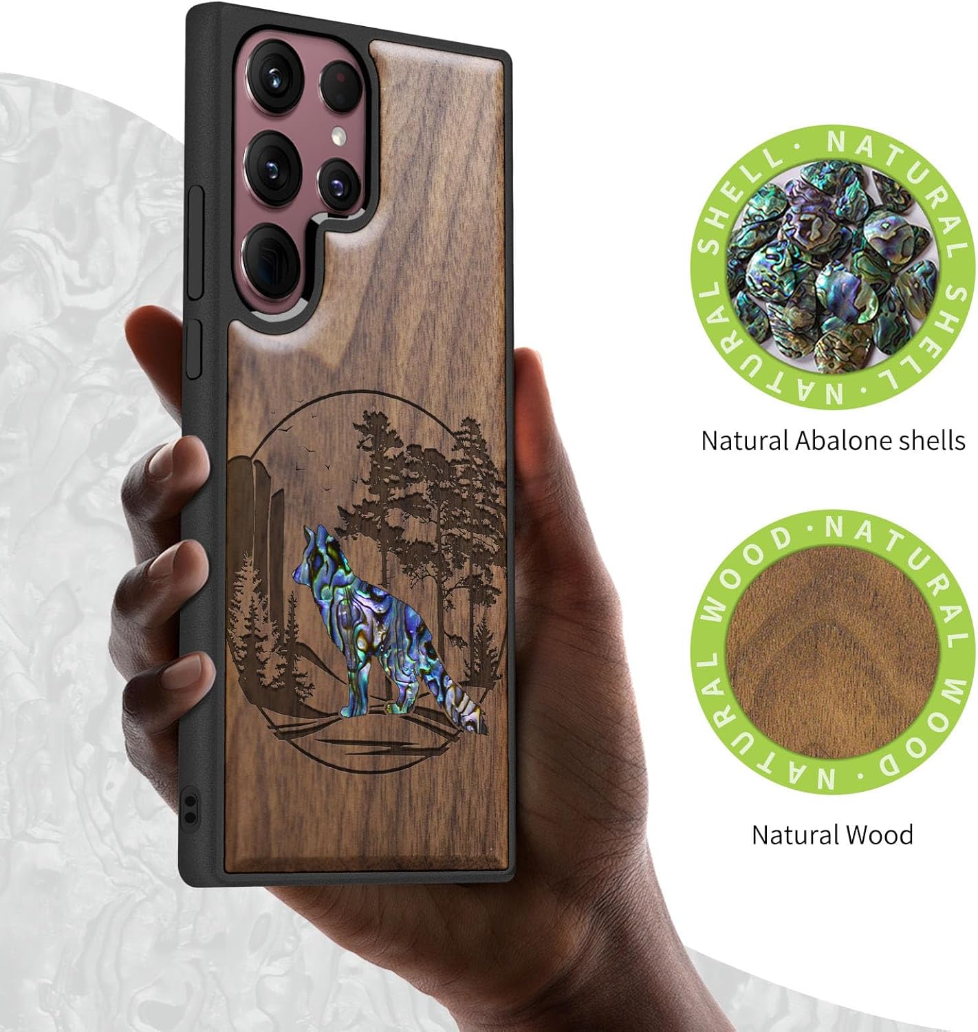 Carveit Designer Wooden Cover for Samsung Galaxy S22 Ultra Case [Wood Engraving & Shell Inlay] Compatible with Wireless Chargers Galaxy S22 Ultra (Fox and Woods-Walnut)