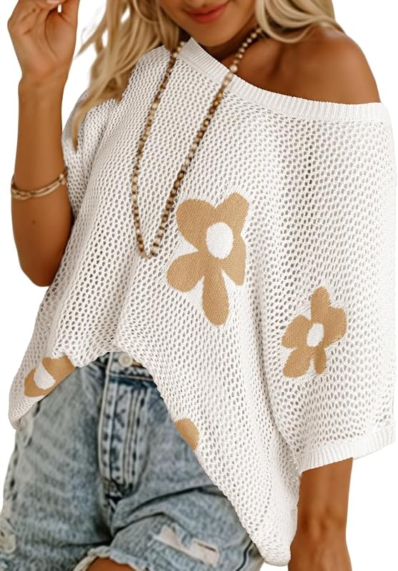 Womens Floral Fashion Summer Tops 2026 Short Sleeve Crochet Sweaters Swimsuit Cover Ups Lightweight Knit Pullover