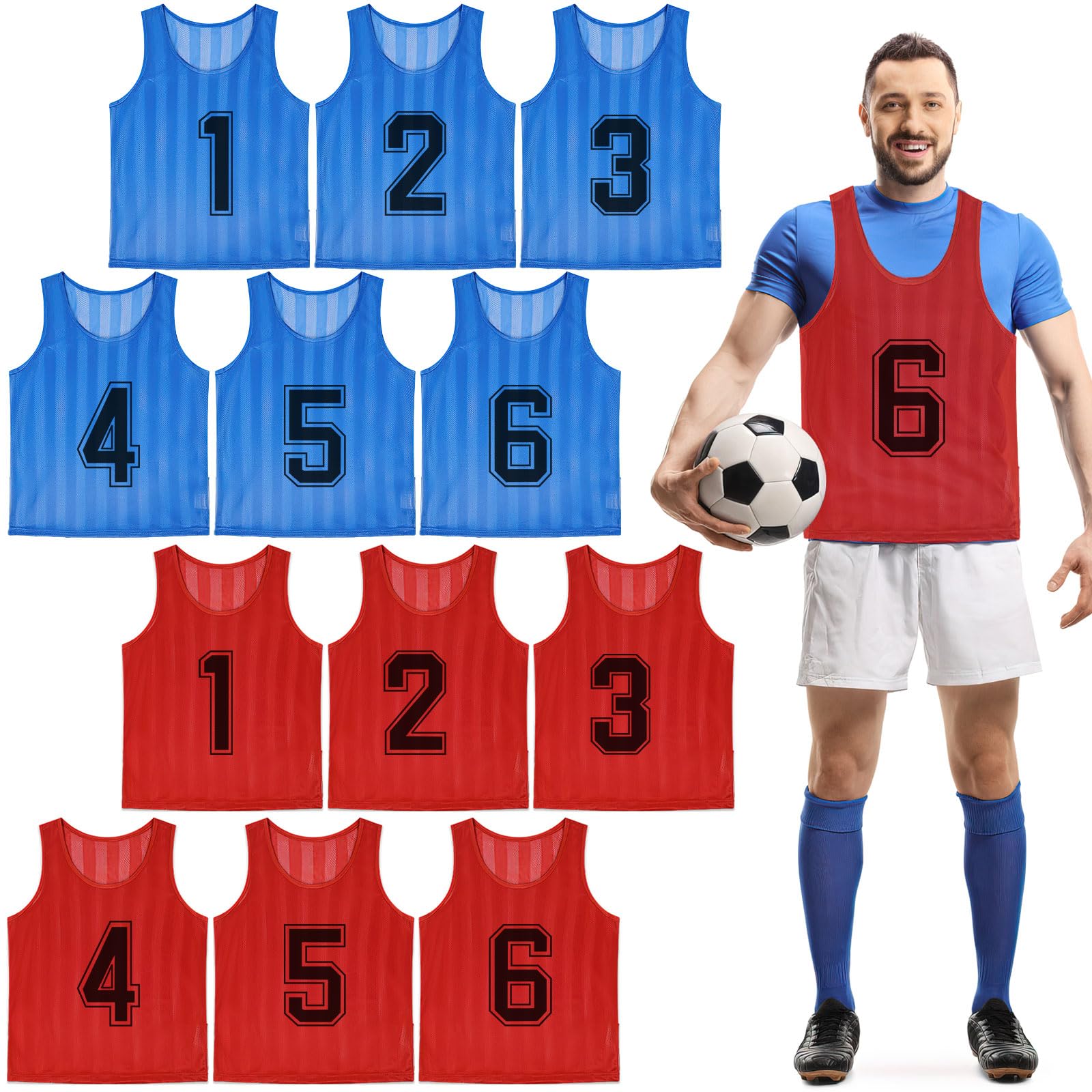12 Pack Football Bibs for Adults, Mesh Training Bibs with 1-6 Numbered, Breathable Practice Vests for Team Outdoor Soccer Basketball Rugby, Blue and Red