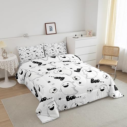 Miniatura 10 de Homewish Juego de edredón de murciélagos y arañas, juego de ropa de cama estilo caricatura para niños, niñas y mujeres, edredón lindo de fantasma,