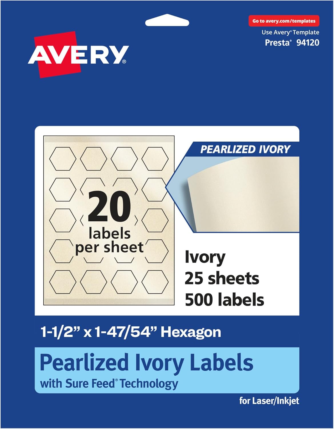 Avery Pearlized Ivory Hexagon Labels, Sure Feed Technology, Print-to-The-Edge, 1-1/2" x 1-47/54", 500 Pearlized Ivory Labels, Laser/Inkjet Printable