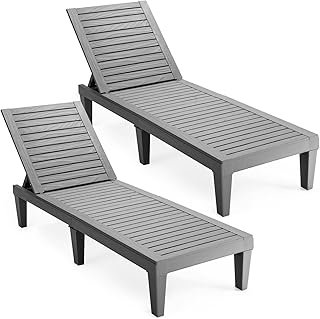 COSTWAY 2er Set Sonnenliege Kunststoff wetterfest, Gartenliege mit Verstellbarer Rückenlehne, Balkonliege, Terrassenliege Holzoptik, Liegestuhl bis 180 kg belastbar für Garten, Terrasse, Grau