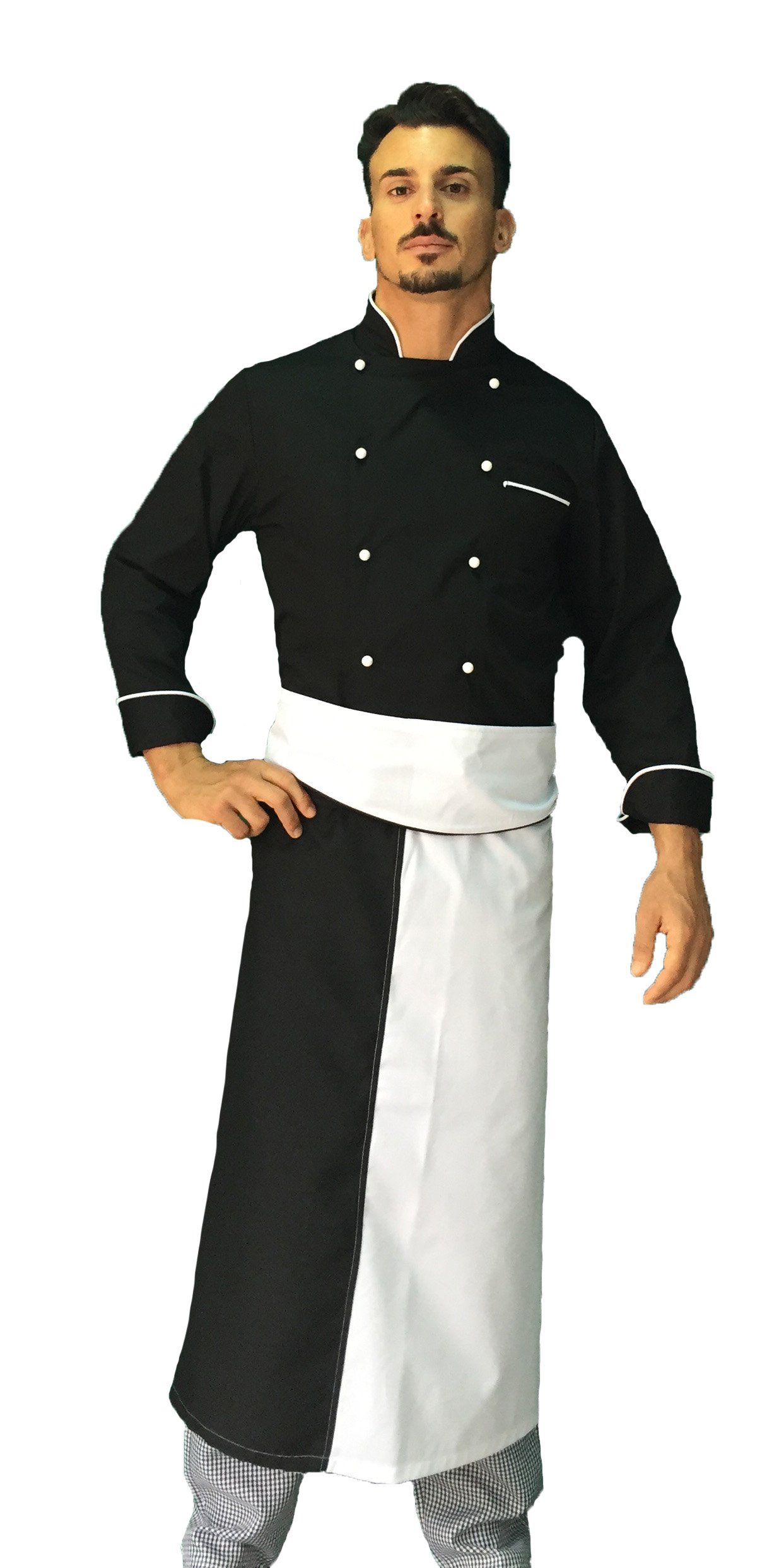 Bordado gratis - Conjunto de cocinero para hombre - Negro, Blanco y Pied de Poule - Uniforme Chef - Chaqueta, pantalones y delantal - Uniforme para cocina y restaurante - Made in