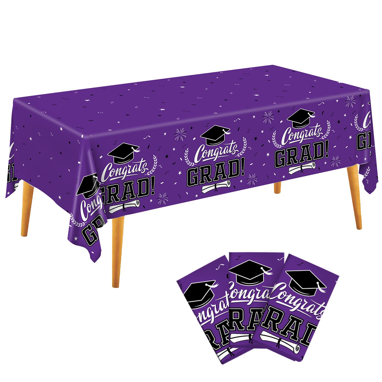 Staraise 2025 Graduation Party Table Decorations 3PCS Purple Graduation Tablecloths,Waterproof Plastic Rectangular Disposable Table Cover for Congrats Grad Cloths Party Supplies,51.2x86.6inch