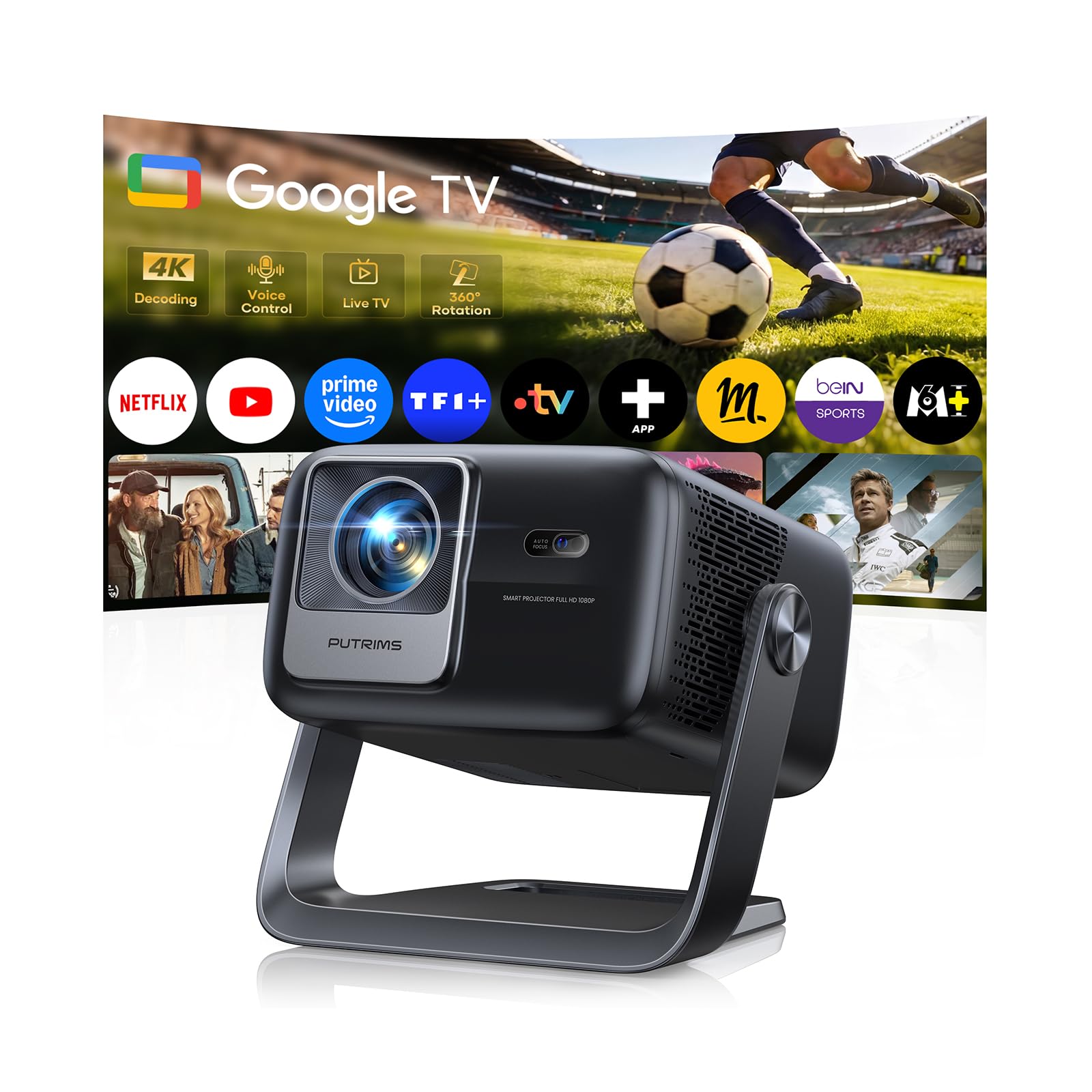Vidéoprojecteur 4K 1300 ANSI Projecteur Portable 4K Courte Focale Auto Focus/Keystone Rotatif 360°, 36W Speaker, Contrôle Vocal, HDR10 Rétroprojecteur WiFi6 Bluetooth FHD 1080P Home Cinéma