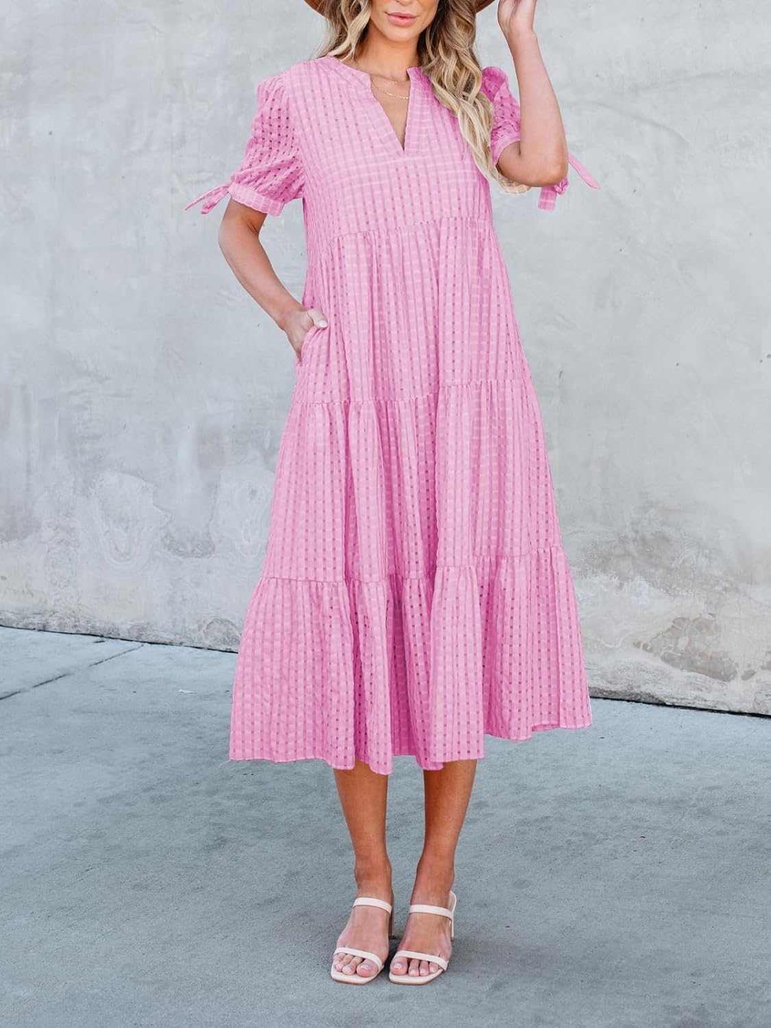 Theenkoln Womens Casual Midi Dress: Short Sleeve V-Neck Empire Waist Gingham Spring Fashion Long Trendy Tiered Formal Dresses - Image 5