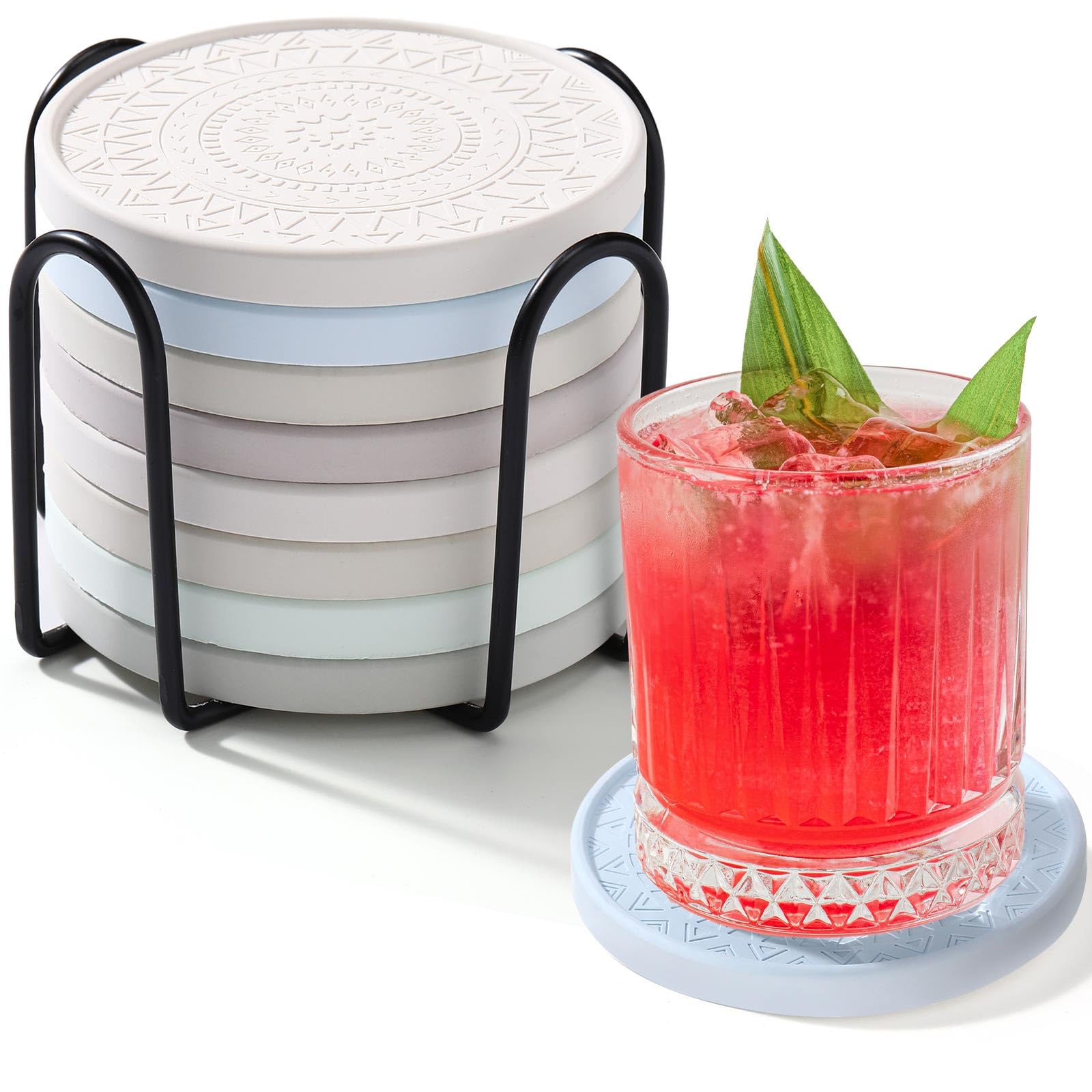 Photect Diatomaceous Earth Coasters Set with Holder Absorbent Stone Drink Coasters Instant Drying Tray for Tabletop Protection Home Decoration