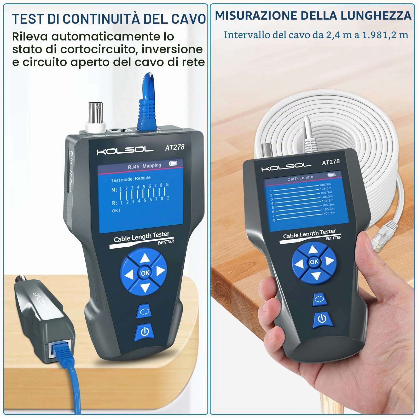 Tester per cavo di rete AT278, con TDR, filtro CA, tracciatore cavo multi-funzionale per RJ45, RJ11, BNC, cavo metallico, PING/POE