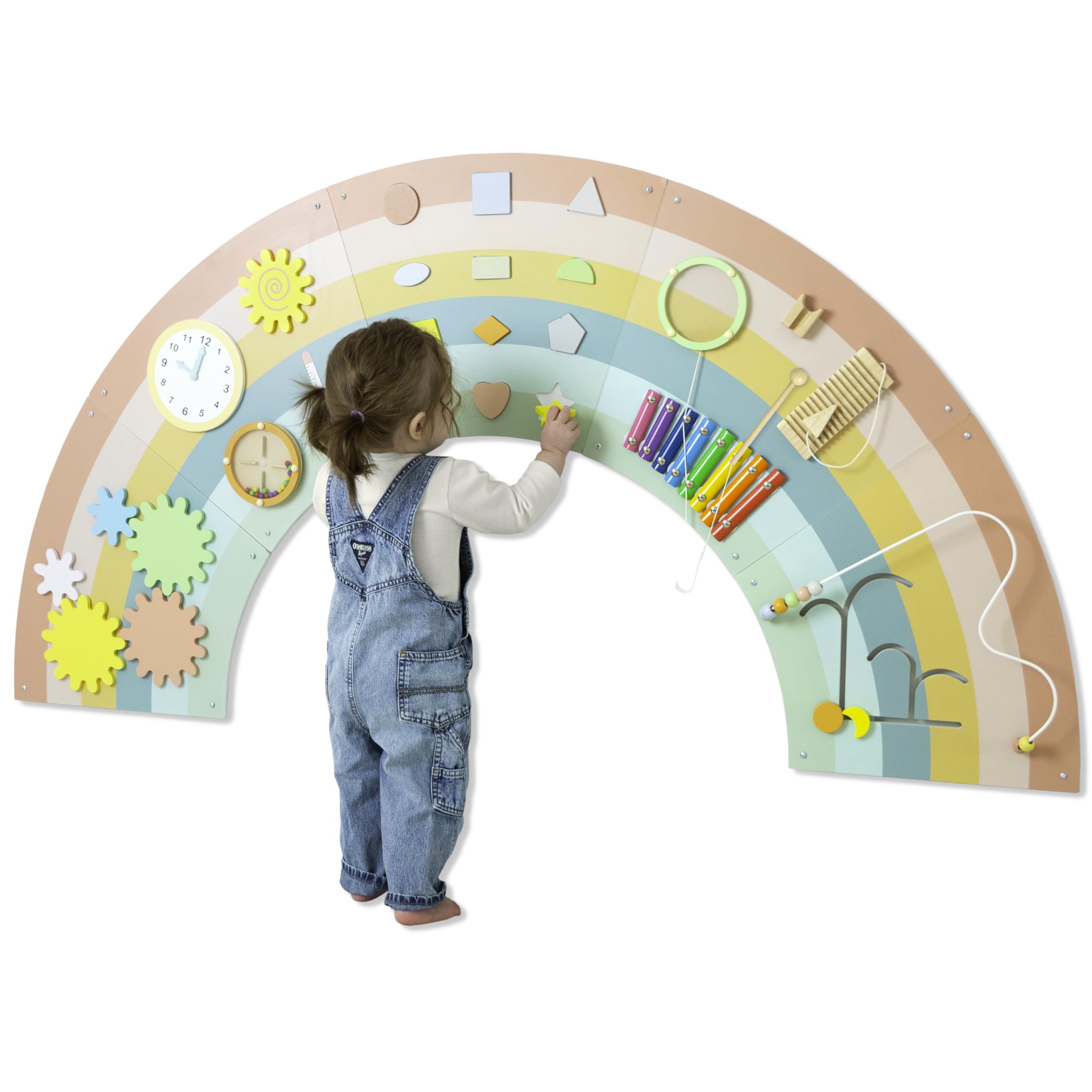 Play Platoon Kids Sensory Wall Panel, Activity Wall Busy Board Toys for Toddlers 1-3, Sensory Board - 64x32 inch Neutral Wooden Rainbow with 11 Activities for Montessori Playroom