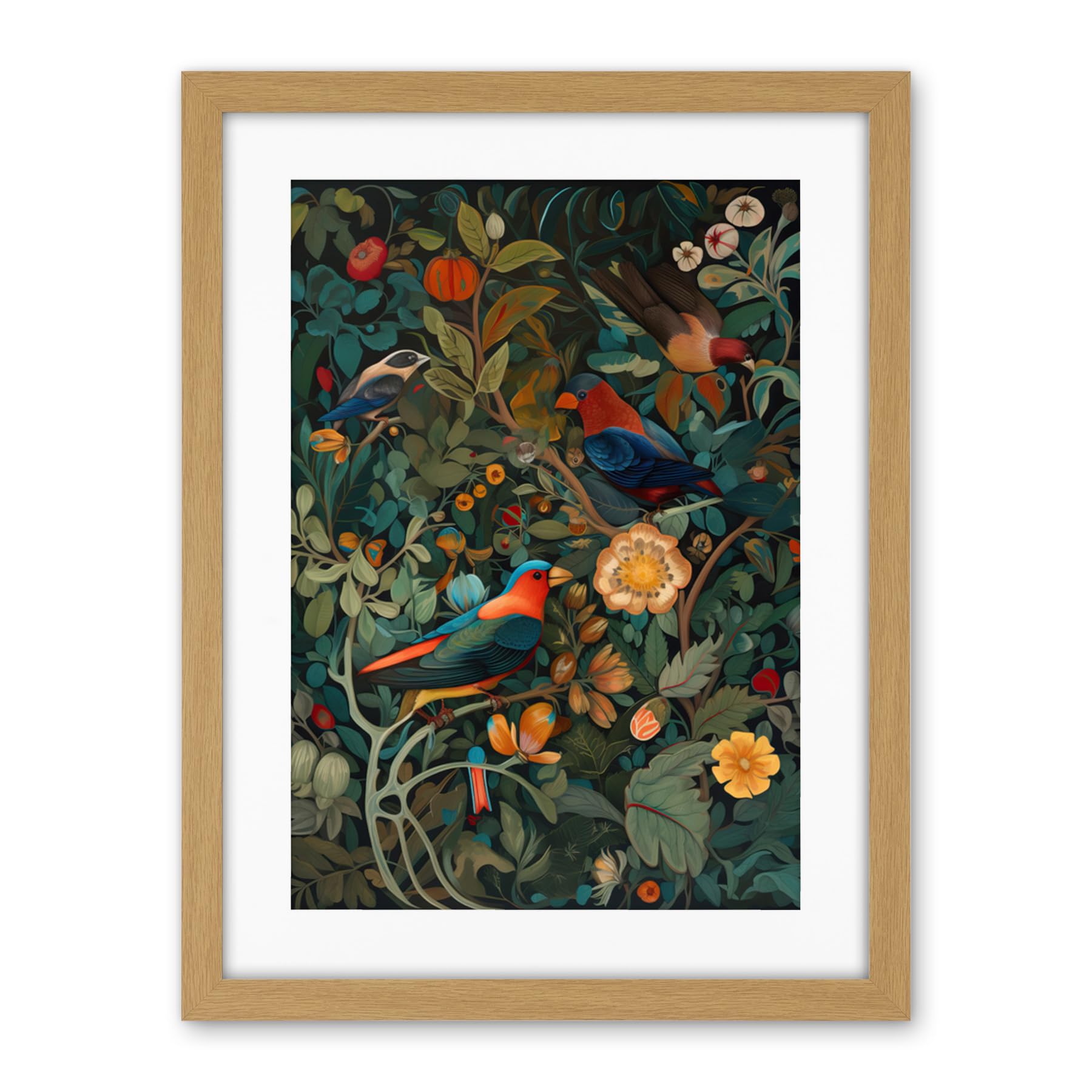 Artery8 Parrots on Exotic Blooming Trees Modern Folk Art Artwork Framed Wall Art Print 18X24 Inch