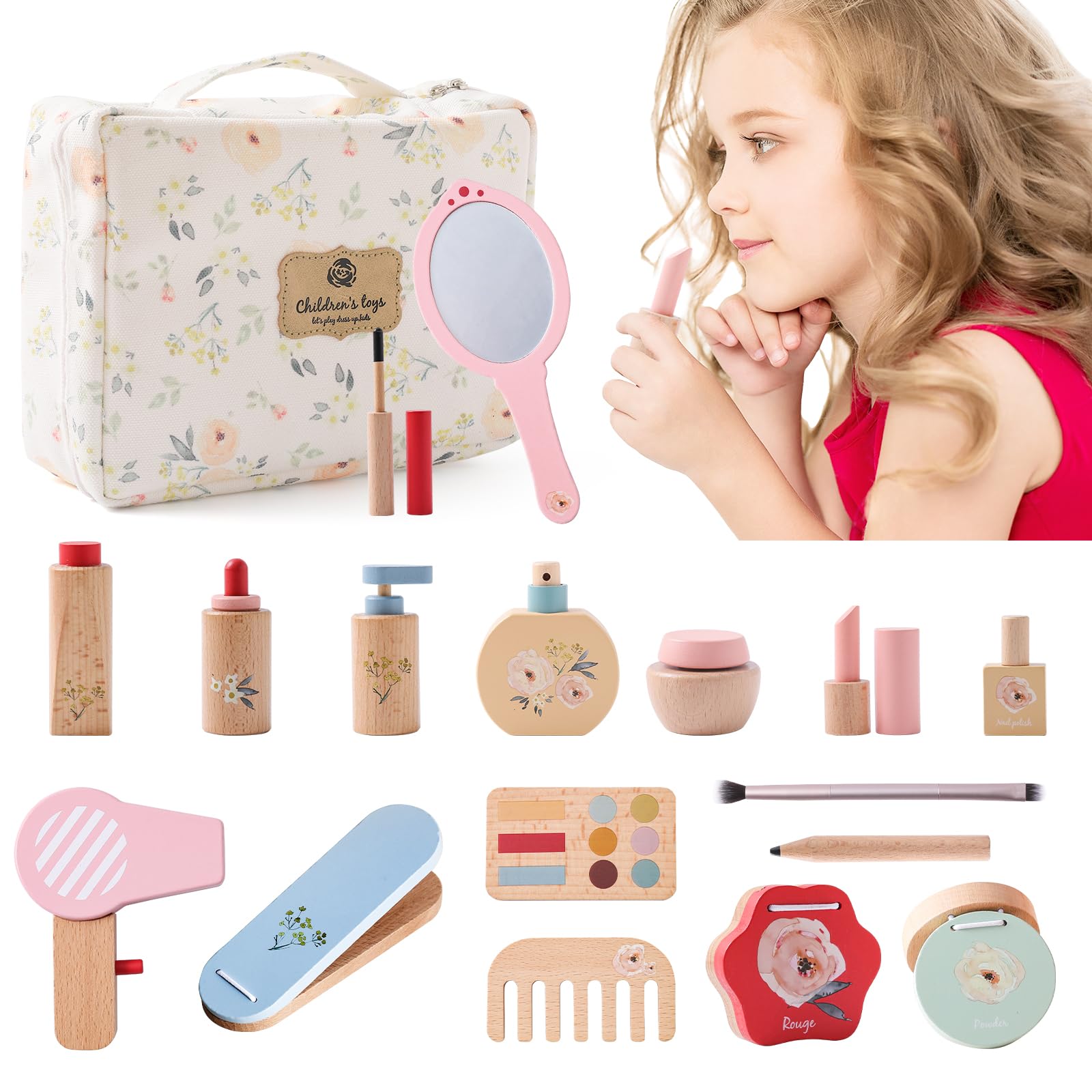 let's make Wooden Makeup Set Kids Pretend Makeup Wooden Play Dress Up Kit Toddler Wood Role Play Toy Make Up Set Fake Makeup Set including Hair Dryer Mirror Makeup Game for 3 Years Old Girls
