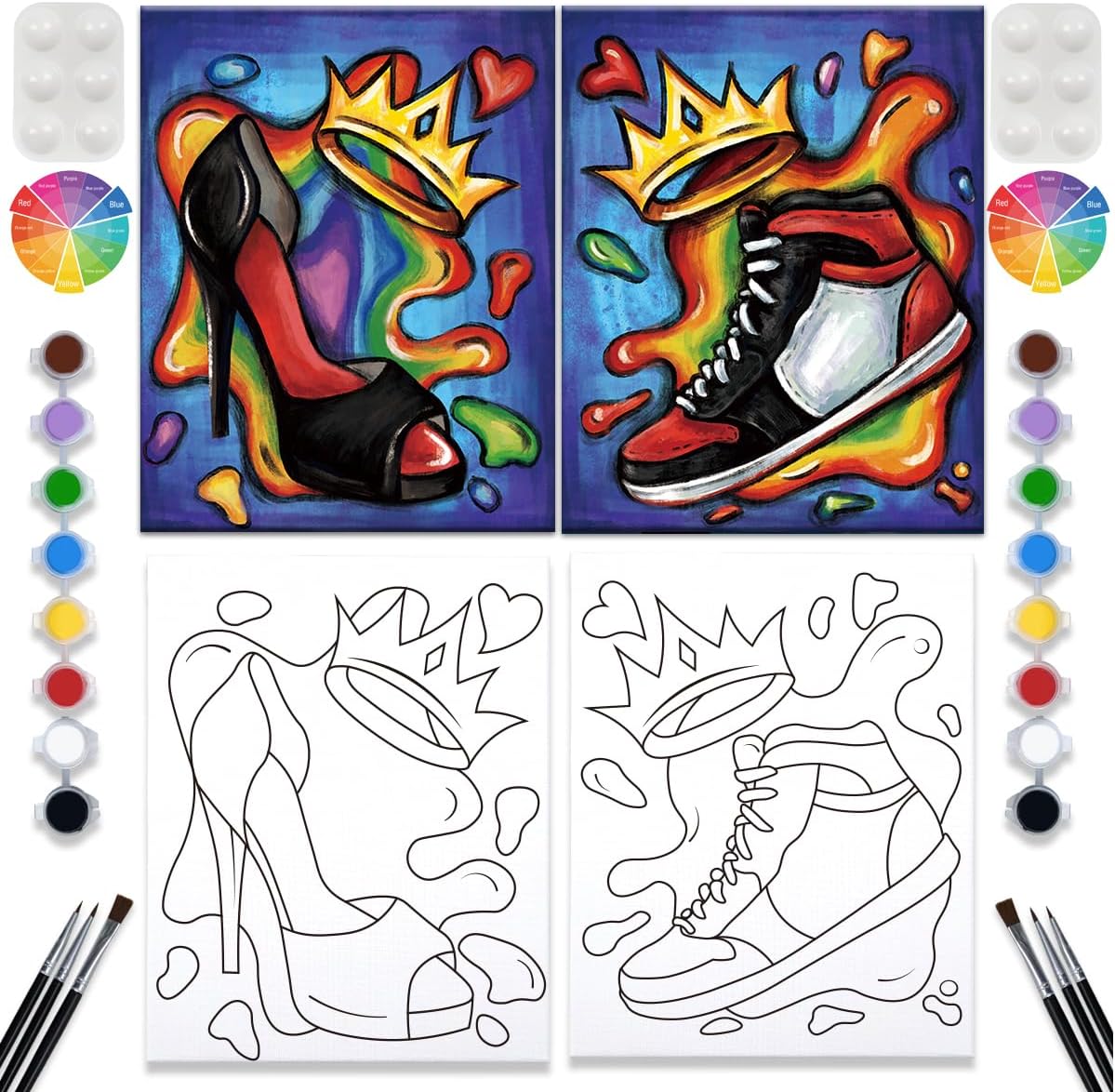 VALLSIP 2 Pack Paint and Sip Canvas Painting Kit Pre Drawn Canvas for Painting for adults Stretched Canvas Couples Games Date Night Shoe Crown Anniversary Couple Paint Party 8X10
