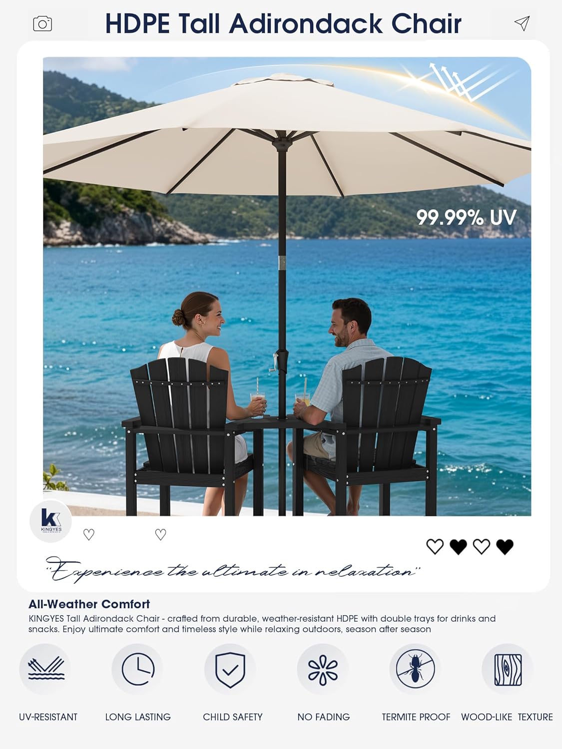 KINGYES Tall Adirondack Chair Set of 2 with Double Connecting Trays, Outdoor HDPE Adirondack Barstools, High Airondack Chair with Wood Grain, Embossed Balcony Chair for Backyard, Black
