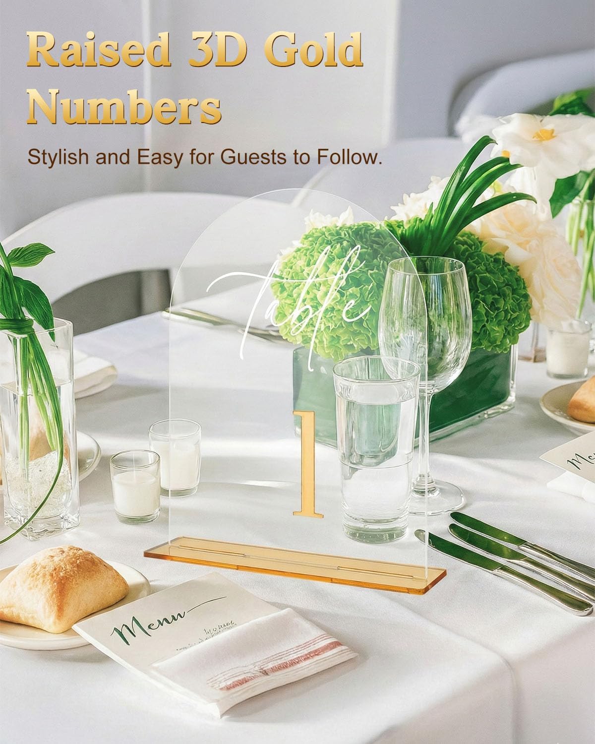 Wedding Table Numbers 1-10 with Stands 5.5 x 7” Gold Number Arched Clear Acrylic Table Numbers Signs for Wedding Reception, Anniversary, Event, Party(1-20)