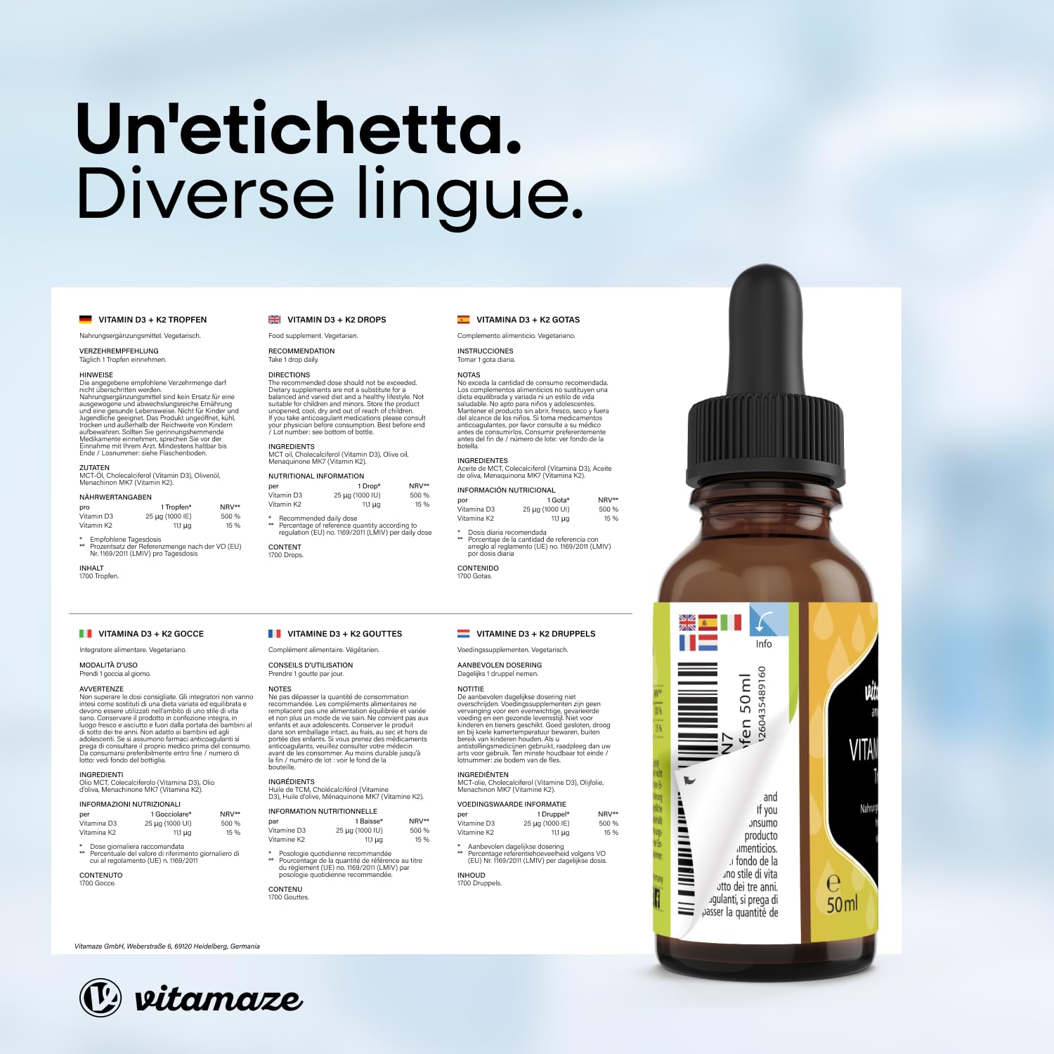 Vitamina D3 + K2 Gocce, 1000 UI ad Alta Dose, Vegetariano & Liquido (99,7+% All-Trans MK-7), 50 ml (1700 Gocce), Elevata Biodisponibilità, Nessun Additivo Inutile, Vitamaze