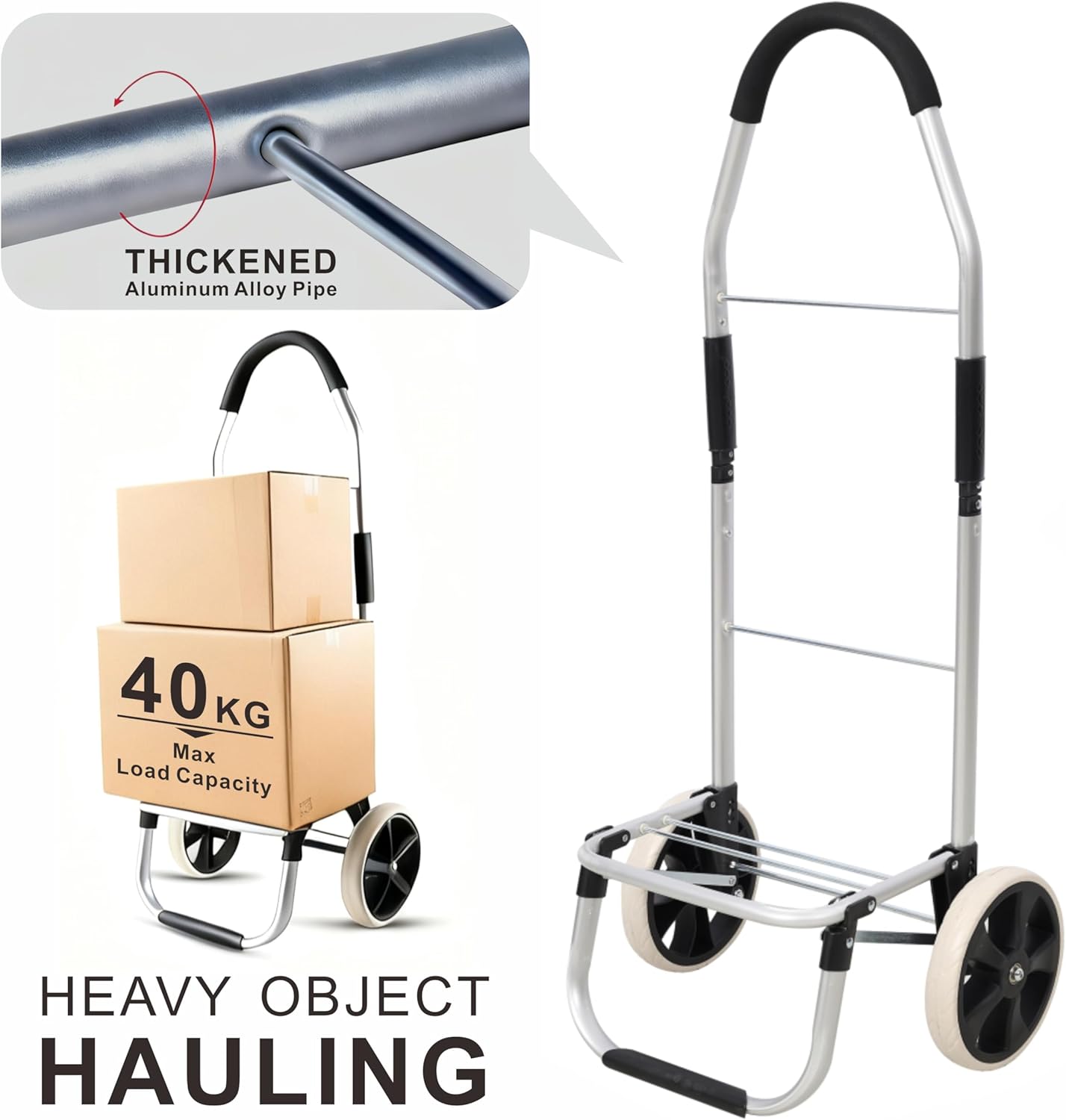 Foldable Utility Cart, 40L Rolling Shopping Cart with Wheels, Waterproof Removable Bag, Collapsible Trolley for Groceries Office Laundry Craft Show Travel (Black-2 Wheels)