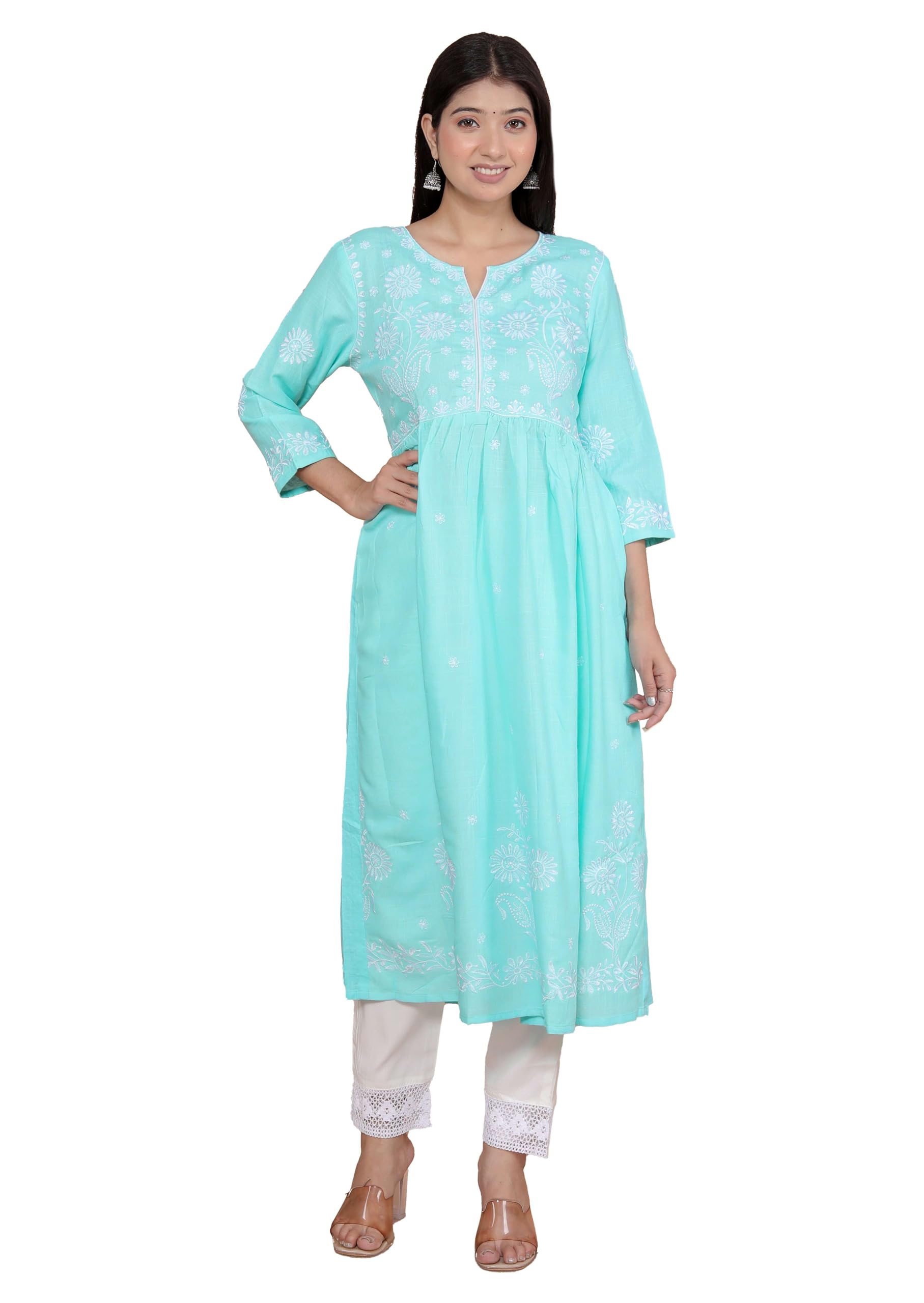 Women's Rayon Embroidered vcut Collar Anarkali Kurti with Pant (Sky Blue)-image-30