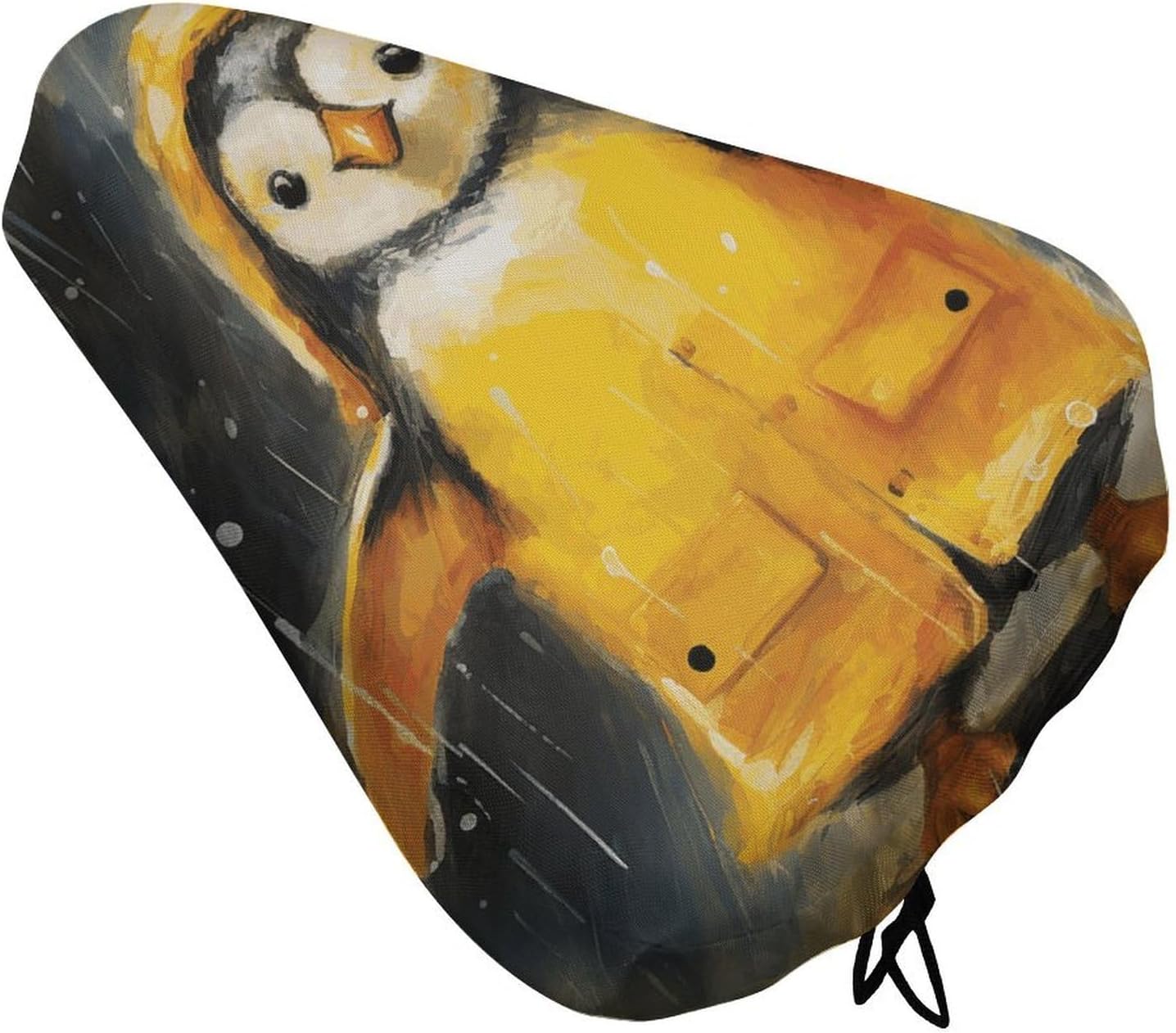 Soft Padded Penguin in A Raincoat Bike Seat Cover, Waterproof Comfort Cushion for Men Women with Drawstring, Extra Wide Stationary Bike Seat Cushion Fit for Bicycle Mountain Exercise Road Bikes