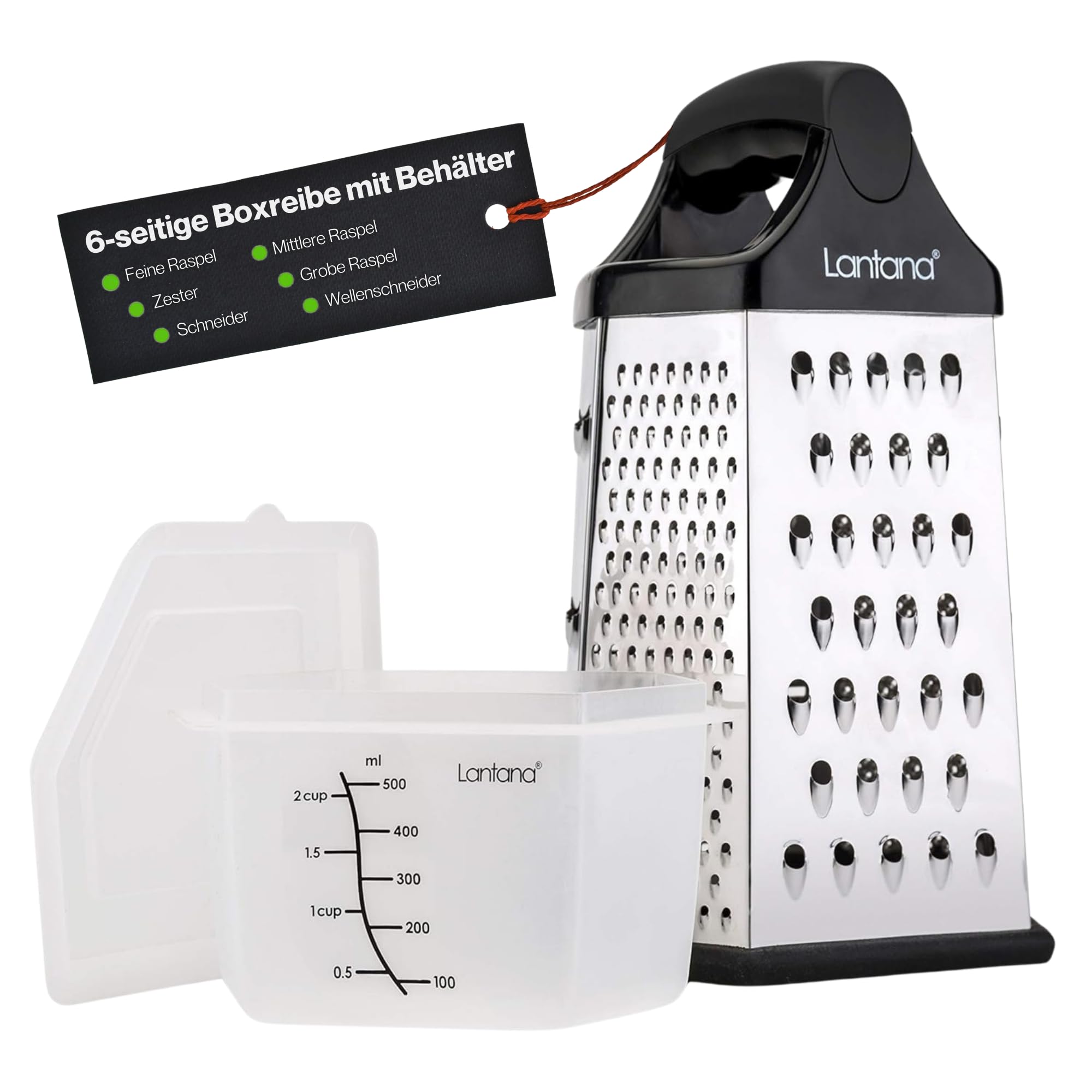 Lantana 6-seitige Reibe mit Behälter - Handreibe/Hobel/Zerkleinerer. 6 unentbehrliche Küchenfunktionen für grobes, mittleres, feines und mikrofeines Reiben/Zesten/Schneiden.