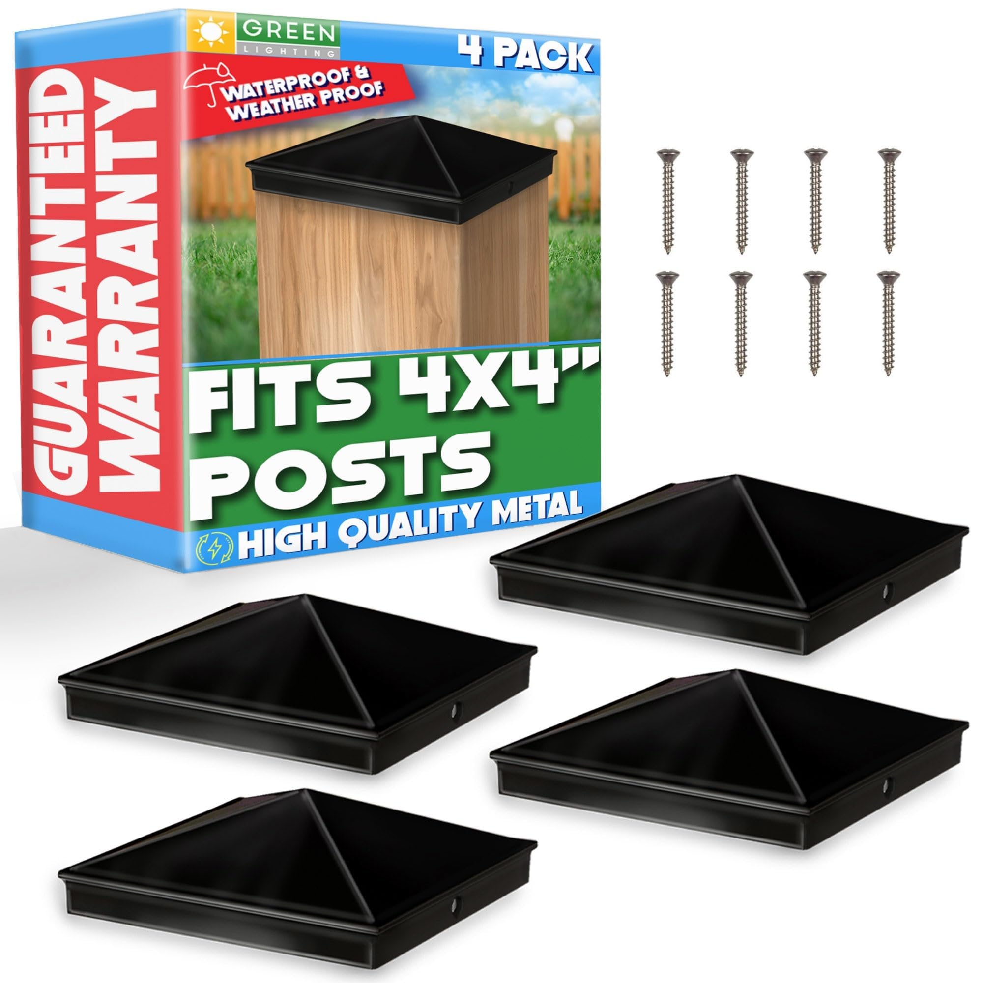 GreenLighting 4x4 Aluminum Pyramid Post Cap Cover (Black 4 Pack) Fits 4x4 Nominal Wood (True 3.5 x 3.5) Powder Coated Matte Outdoor Post Caps Cover, Fence Wood Post, Decking, Waterproof