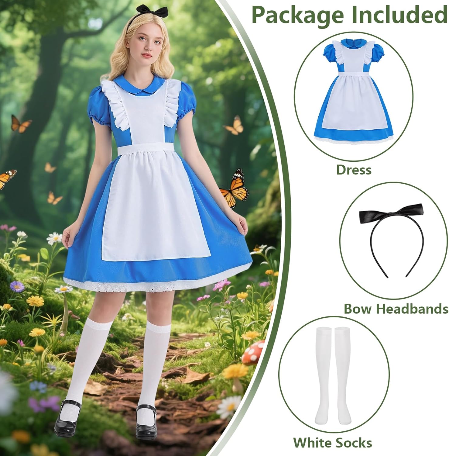 Adult Blue Dress Costume for Women Halloween Princess Costumes with Socks Hairband - Image 2