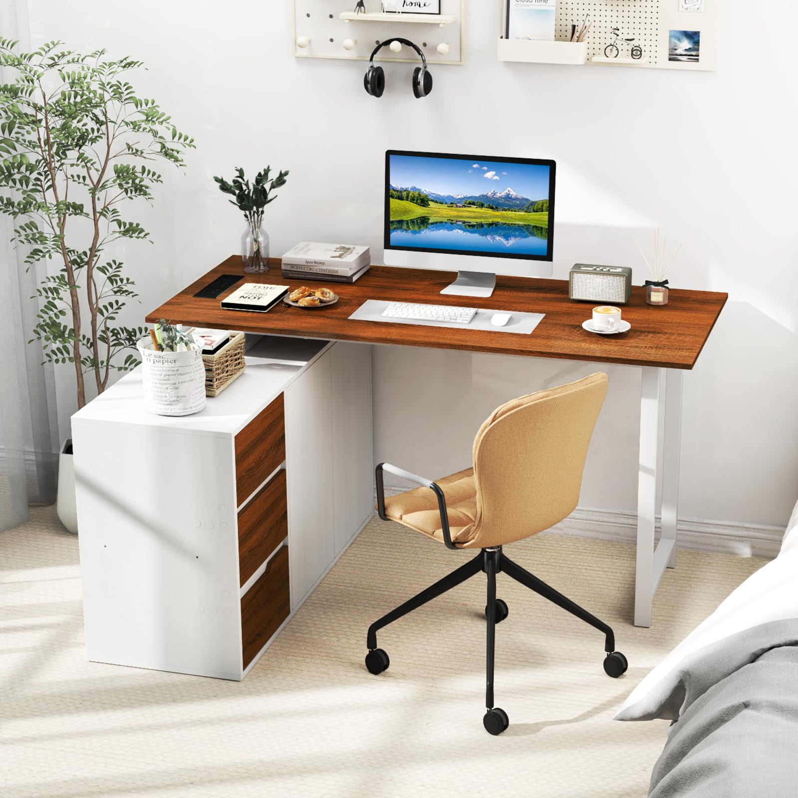 COSTWAY L-förmiger Schreibtisch mit Ladestation & Aktenschrank, Eckschreibtisch umkehrbar mit 3 Schubladen & 2 Türen, Computertisch aus Holz mit Metallrahmen für Zuhause & Büro (Braun)