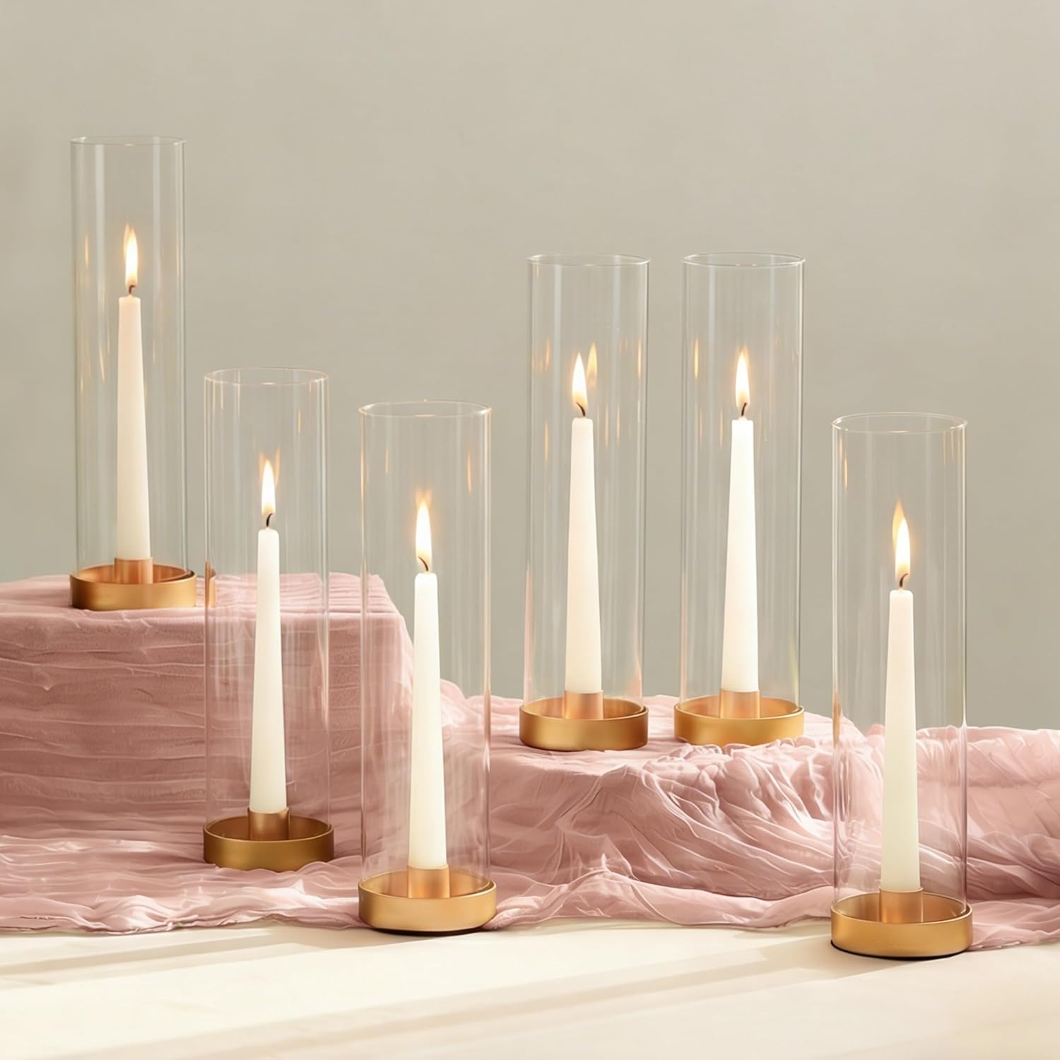 NUPTIO Hurricane Glass Candle Holders: 6 Pcs Gold Metal Taper Candlesticks Holder with 11.81 inch Long Clear Bottomless Cylinder Cover Stands for Wedding Anniversary Bridal Shower Table Centerpiece