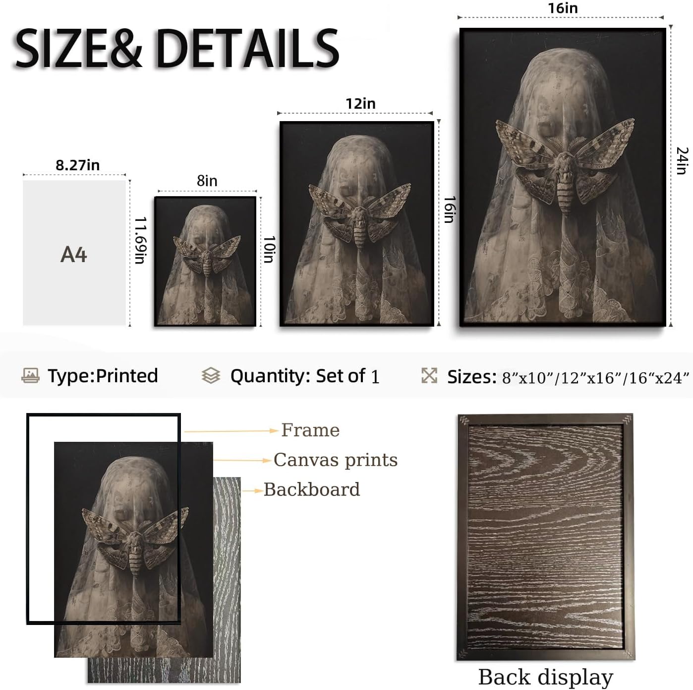 WOKAOGO Black Framed Wall Art Veiled Woman with Moth Wall Decor Dark Academia Canvas Art Gothic Pictures Vintage Paintings Victorian Prints Moody Artwork for Bedroom Bathroom