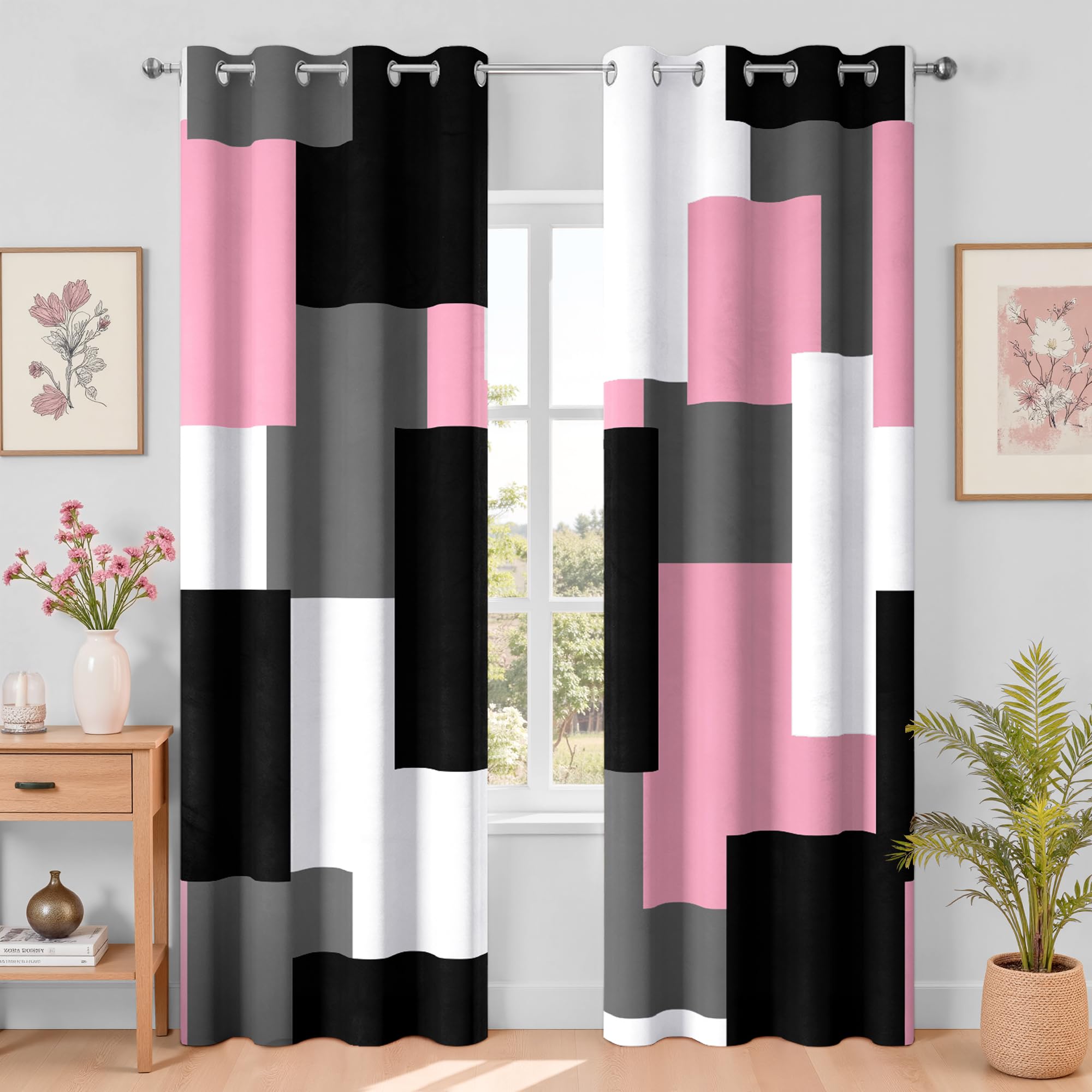 Tyrot Pink 100% Blackout Curtains for Bedroom 108 inch Extra Long 2 Panels Set Black White Grey Modern Abstract Geometric Black Out Curtains Room Darkening Window Drapes for Living Room, 52Wx108L