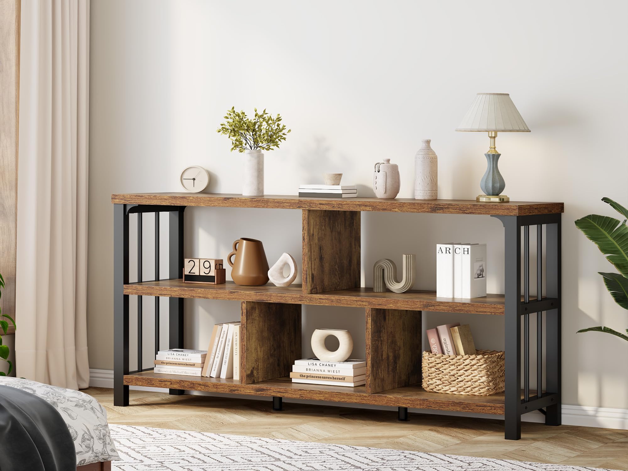 IBF Bücherregal 140 cm Wohnzimmerregal Standregal mit 5 Fächern Würfelregal als Büroregal aus Holz und Metall modernes Regal für Schlafzimmer in Rustikalem Braun