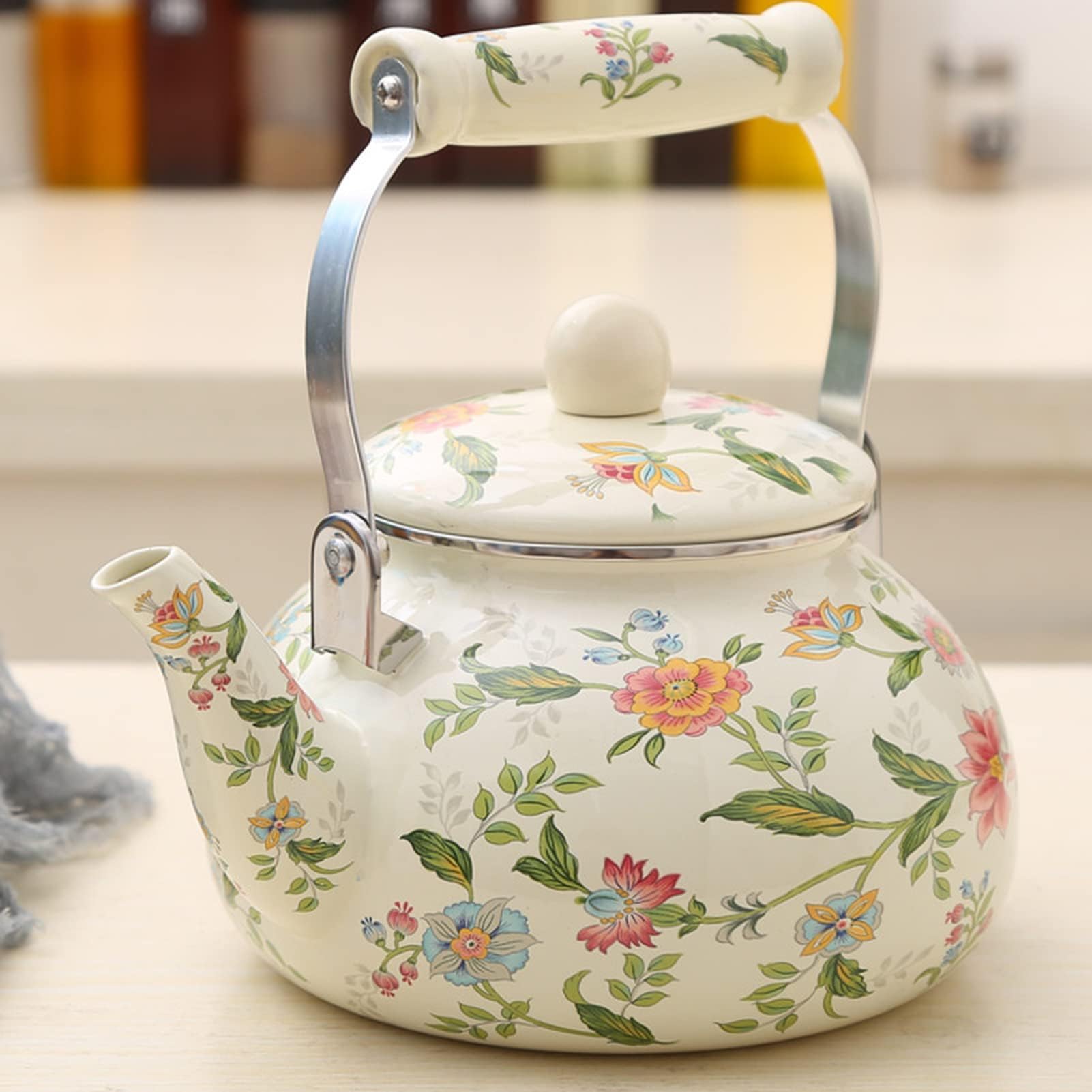 Teekessel Emaille Geschirr Kaffeekanne 2.4L Camping Wasserkessel für Induktion und Gasherd, Topf Griff aus Keramik
