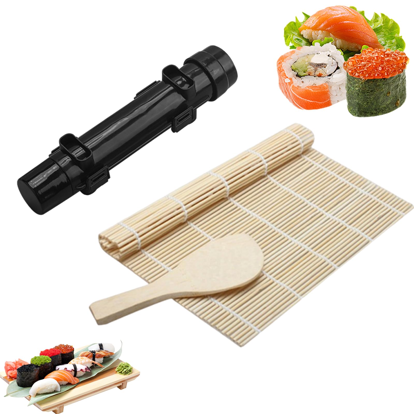3 Pcs Sushi Roll Kit,Sushi Bazooka,Sushi Kit,Sushi,Sushi Maker,Sushi Making Kit,Sushi Mould for DIY Sushi More Diversified,Vegetable Meat DIY Roll Tool,Bamboo Sushi Rolling Mat for Beginners(Black)
