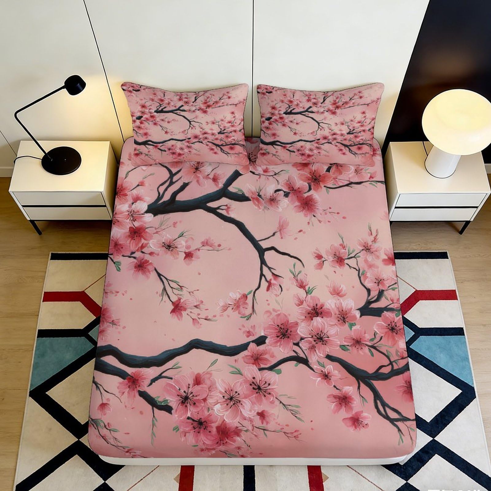 3D Printed Sakura Fitted Sheet Microfiber Non-Slip Deep Pocket Cherry Blossom Mattress Fitted Cover Washable for Bedroom 90x200x25cm